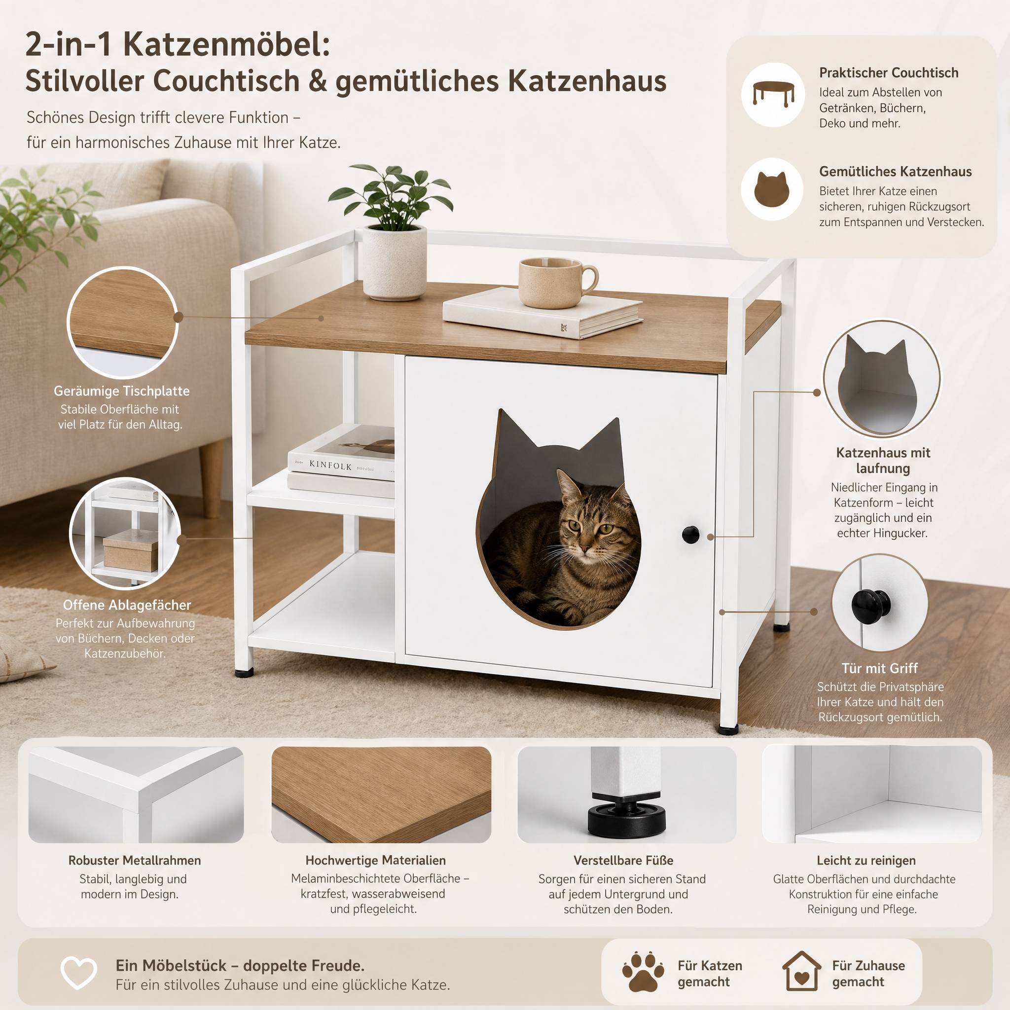 ComfortXL - Meuble cache-litière pour chat blanc et bois avec 2 étagères de rangement - ComfortXL Outdoor Living - Image 8