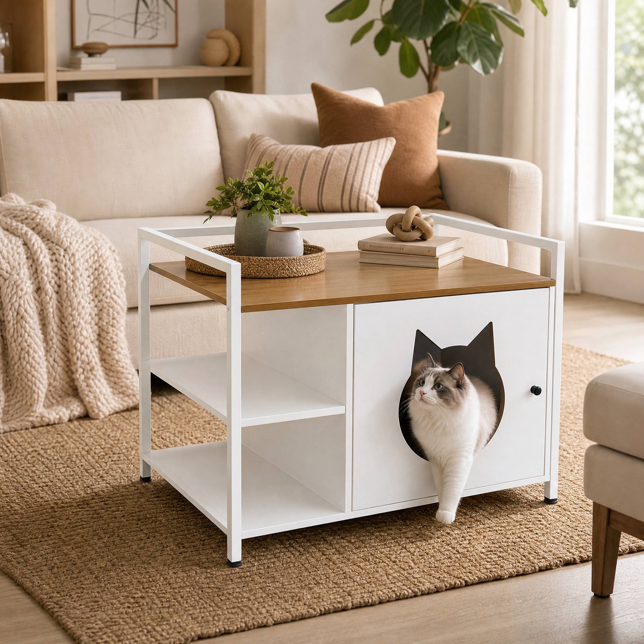 ComfortXL - Meuble cache-litière pour chat blanc et bois avec 2 étagères de rangement - ComfortXL Outdoor Living - Image 3