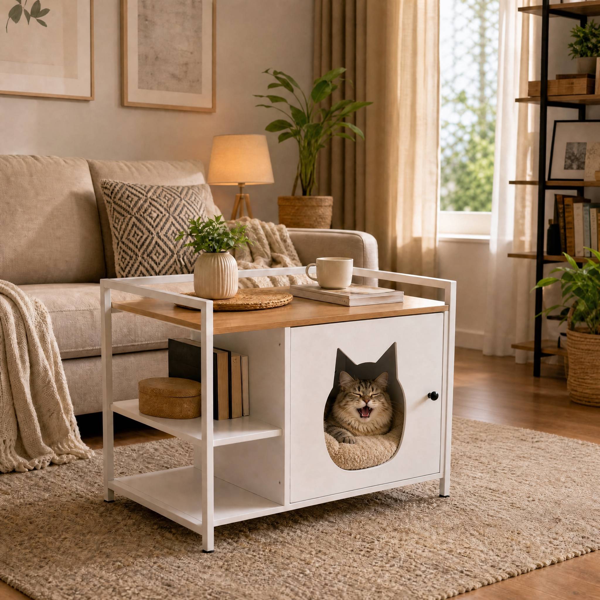 ComfortXL - Meuble cache-litière pour chat blanc et bois avec 2 étagères de rangement - ComfortXL Outdoor Living - Image 4