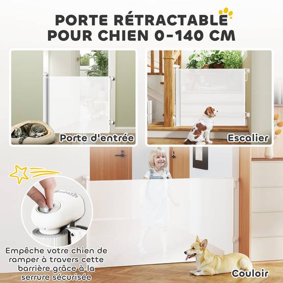 Barrière rétractable chien chat plastique escalier porte verrouillable 146cm blanc - ComfortXL Outdoor Living - Image 6