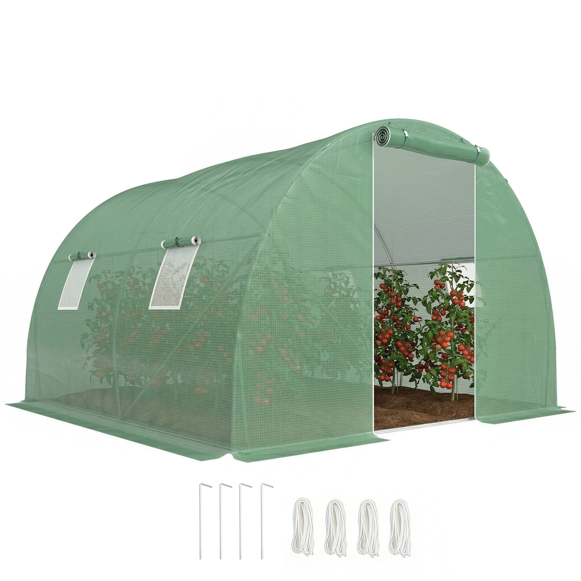 Serre de jardin tunnel 9 m² 4 fenêtres, porte zippée enroulable châssis acier galvanisé, bâche PE 3 x 3 x 2 m vert - Image 1