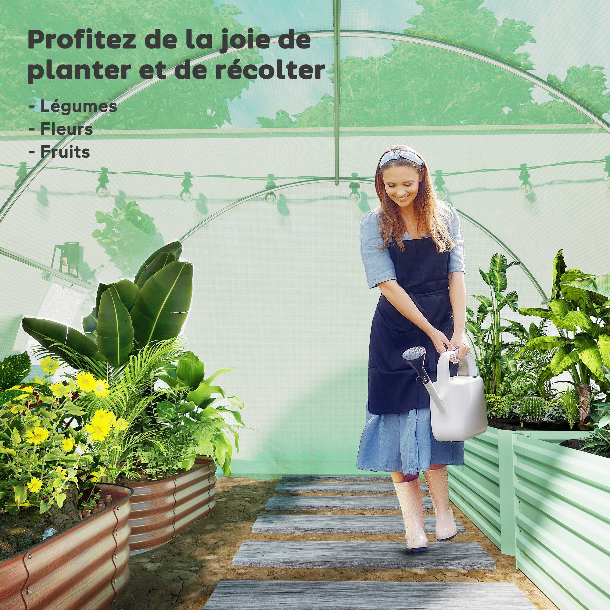 Serre de jardin tunnel 9 m² 4 fenêtres, porte zippée enroulable châssis acier galvanisé, bâche PE 3 x 3 x 2 m vert - Image 9