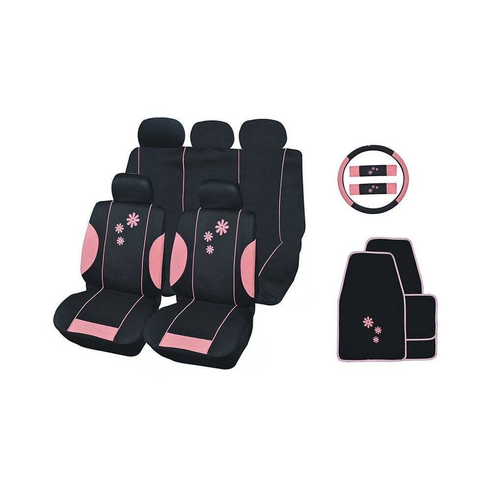 Sans Marque - Housse de siège auto Daisy Noir et Rose 16 pièces - Image 1