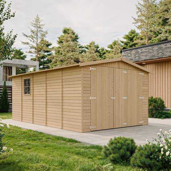 Timbela - Garage en Bois Naturel H222x516x324 cm/15 m² - Chalet - Atelier de jardin - Rangement pour vélos, remise à outils - 17 mm d’épaisseur - Timbela M101 - Image 1