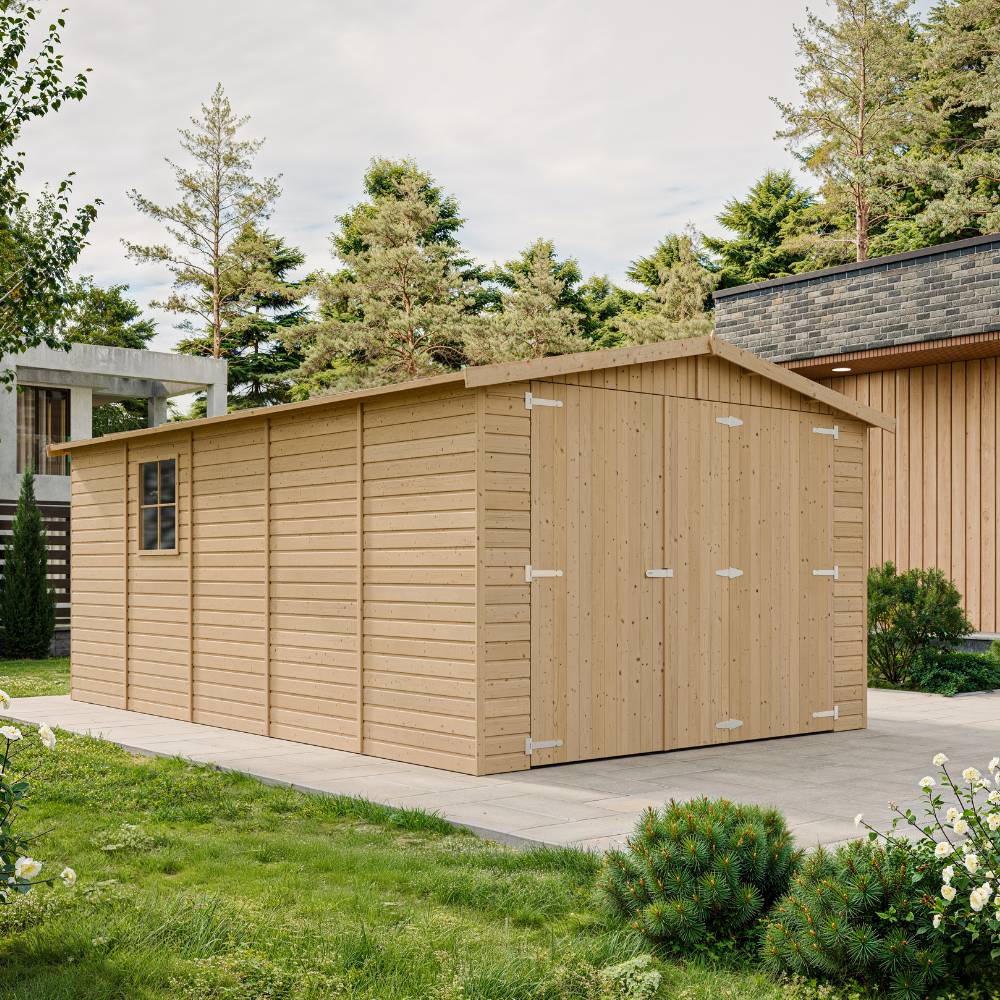 Timbela - Garage en Bois Naturel H222x516x324 cm/15 m² - Chalet - Atelier de jardin - Rangement pour vélos, remise à outils - 17 mm d’épaisseur - Timbela M101 - Image 1