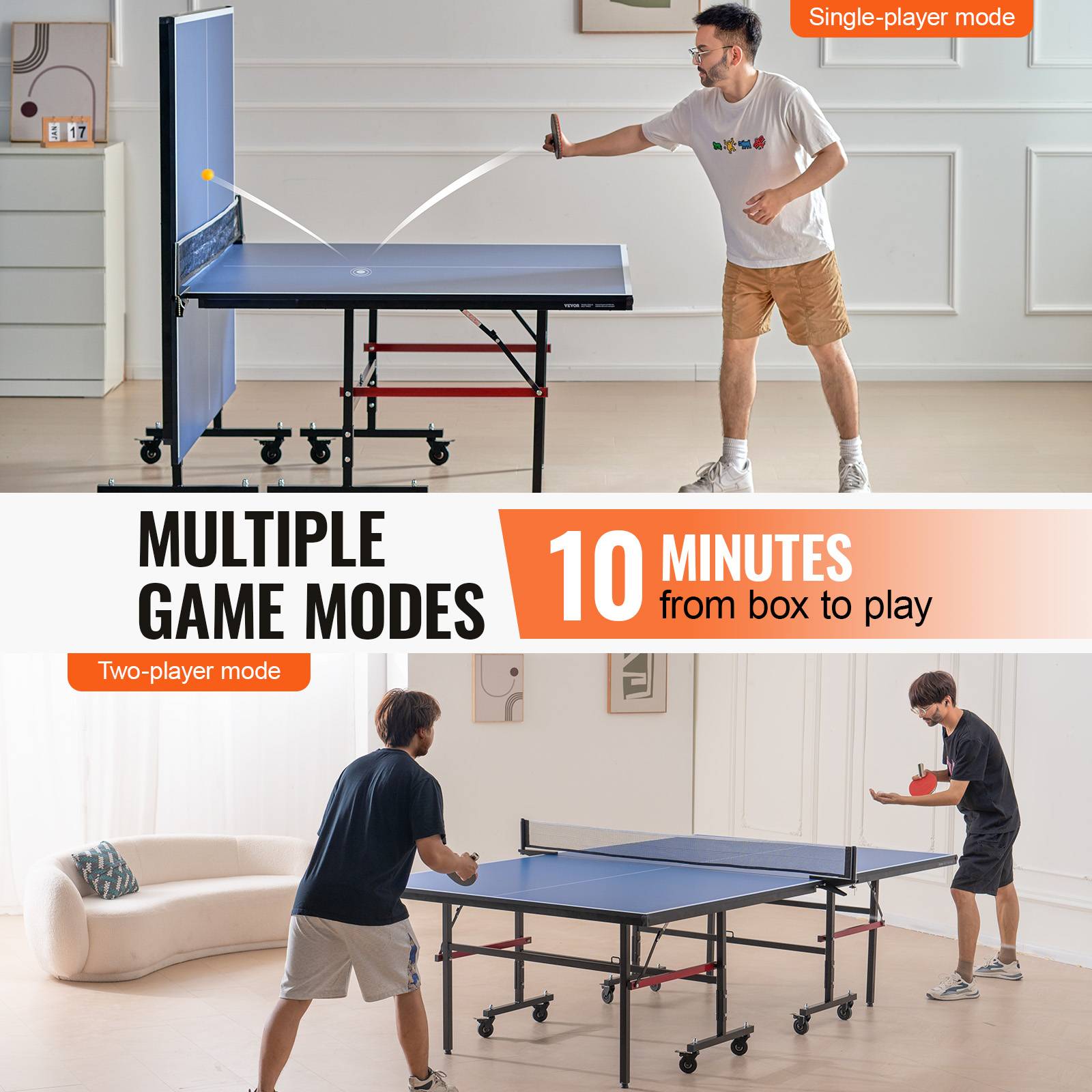 VEVOR Table ping-pong pro pliable, MDF 18 mm, filet rapide, roues verrouillables. Intérieur. - Image 4