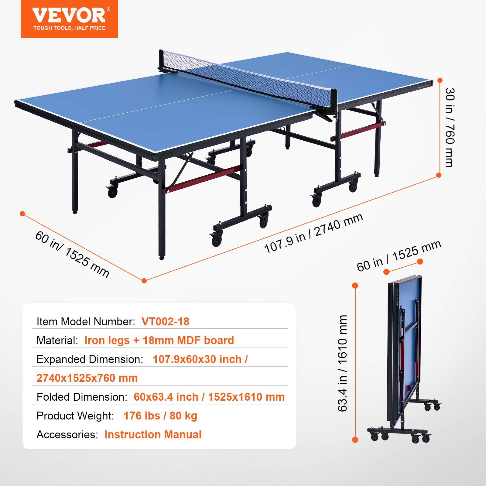 VEVOR Table ping-pong pro pliable, MDF 18 mm, filet rapide, roues verrouillables. Intérieur. - Image 7
