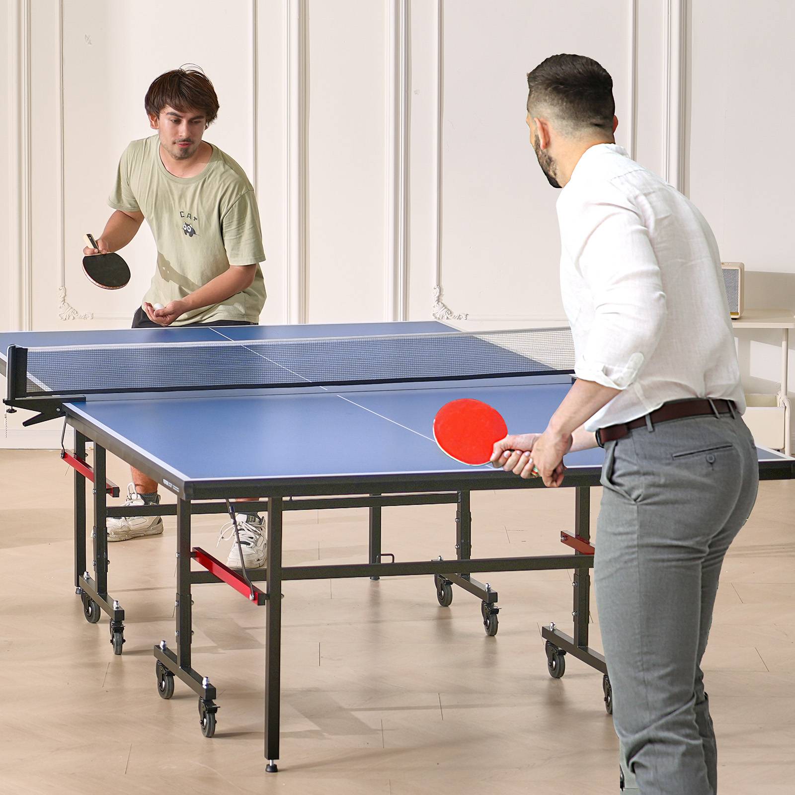 VEVOR Table ping-pong pro pliable, MDF 18 mm, filet rapide, roues verrouillables. Intérieur. - Image 8
