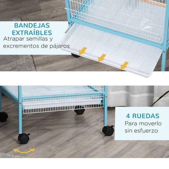 Volière Double 2 Niveaux sur Roulettes Acier pour Perruches et Canaris 140 cm Bleu Clair - ComfortXL Outdoor Living - Image 8