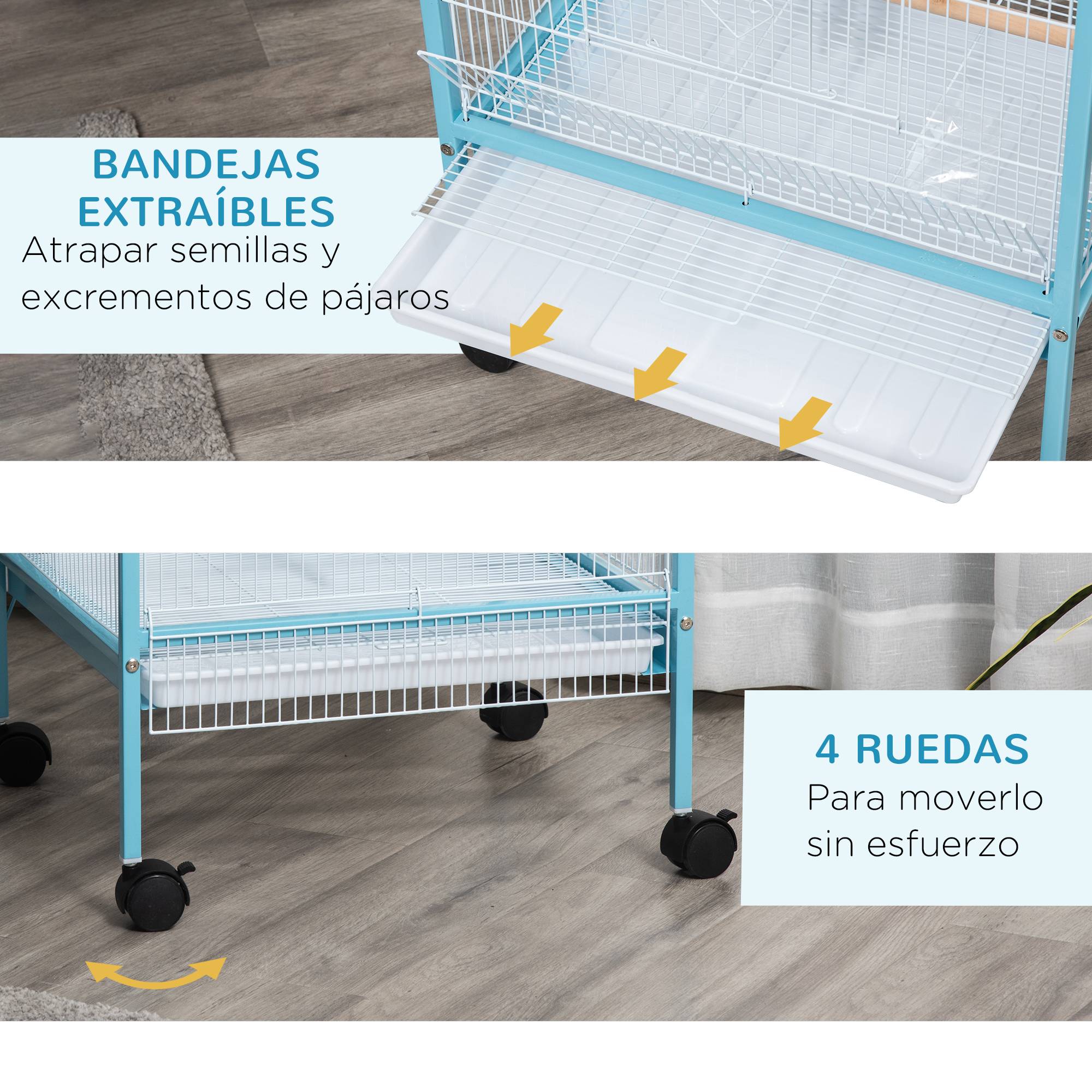 Volière Double 2 Niveaux sur Roulettes Acier pour Perruches et Canaris 140 cm Bleu Clair - ComfortXL Outdoor Living - Image 8