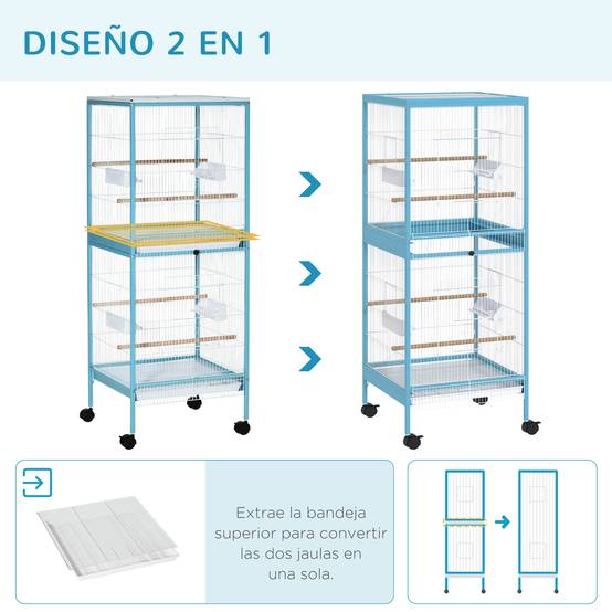 Volière Double 2 Niveaux sur Roulettes Acier pour Perruches et Canaris 140 cm Bleu Clair - ComfortXL Outdoor Living - Image 6
