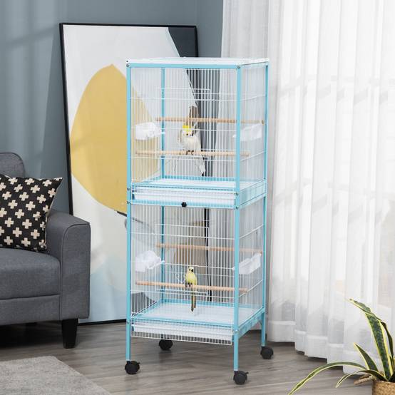Volière Double 2 Niveaux sur Roulettes Acier pour Perruches et Canaris 140 cm Bleu Clair - ComfortXL Outdoor Living - Image 3