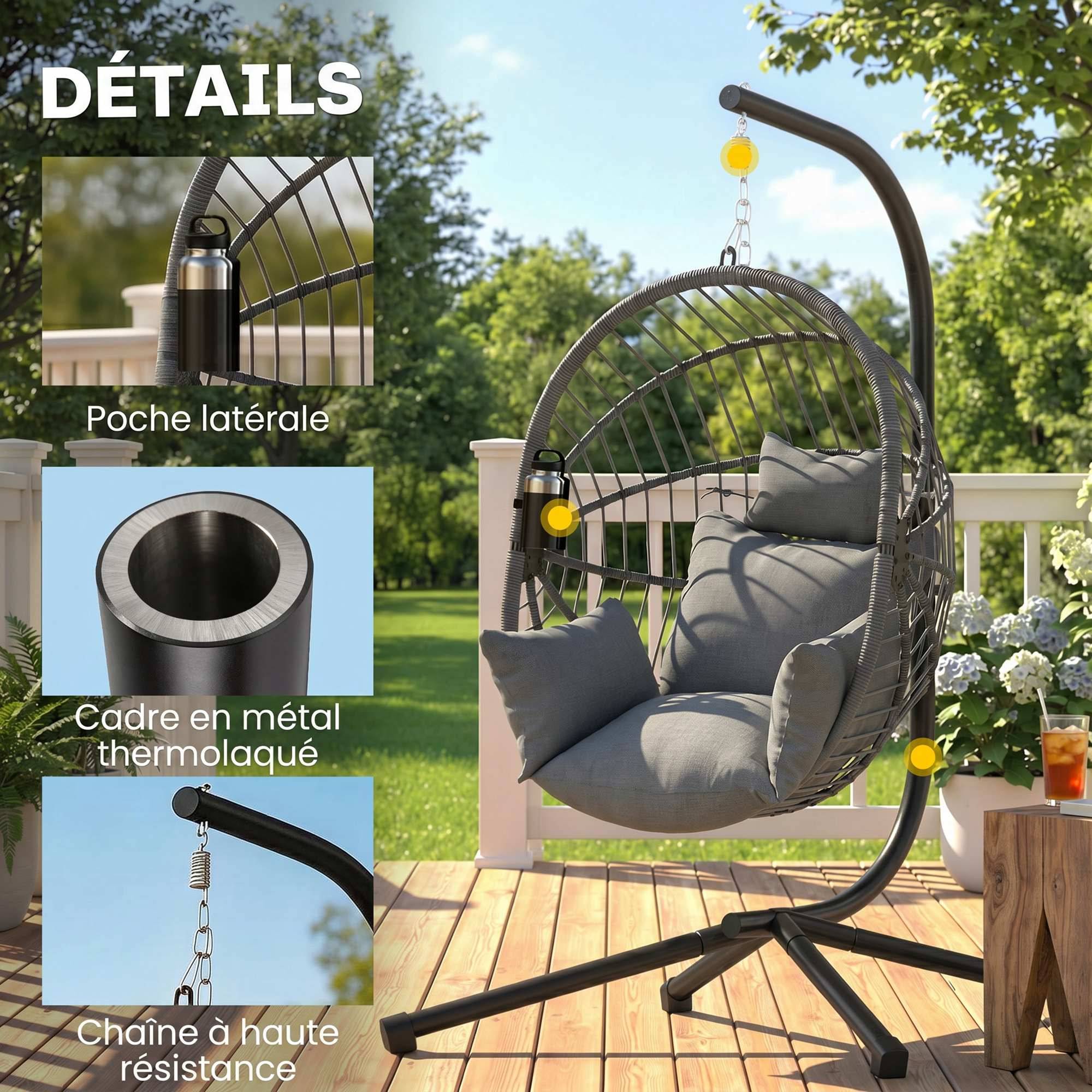 Sans Marque - Fauteuil œuf suspendu, chaise hamac balançoire intérieur et extérieur, panier pliable, coussin rembourré, gris - Image 9