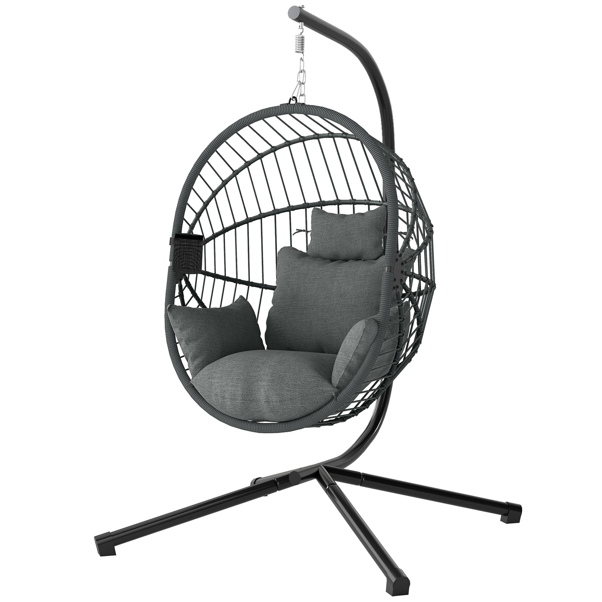 Sans Marque - Fauteuil œuf suspendu, chaise hamac balançoire intérieur et extérieur, panier pliable, coussin rembourré, gris - Image 2