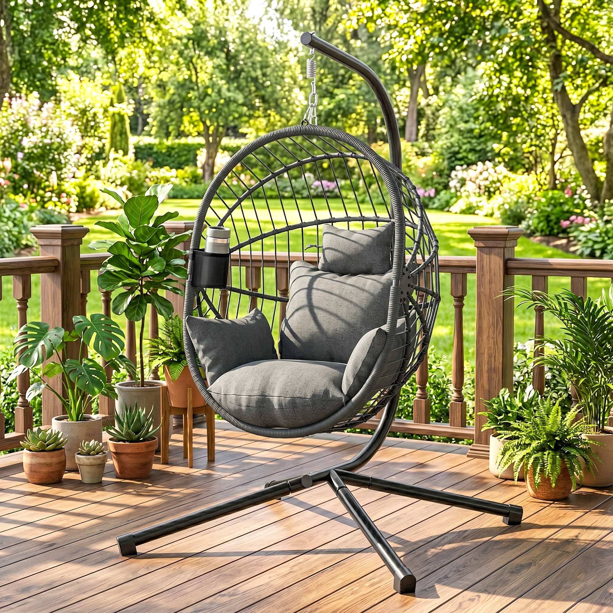 Sans Marque - Fauteuil œuf suspendu, chaise hamac balançoire intérieur et extérieur, panier pliable, coussin rembourré, gris - Image 4