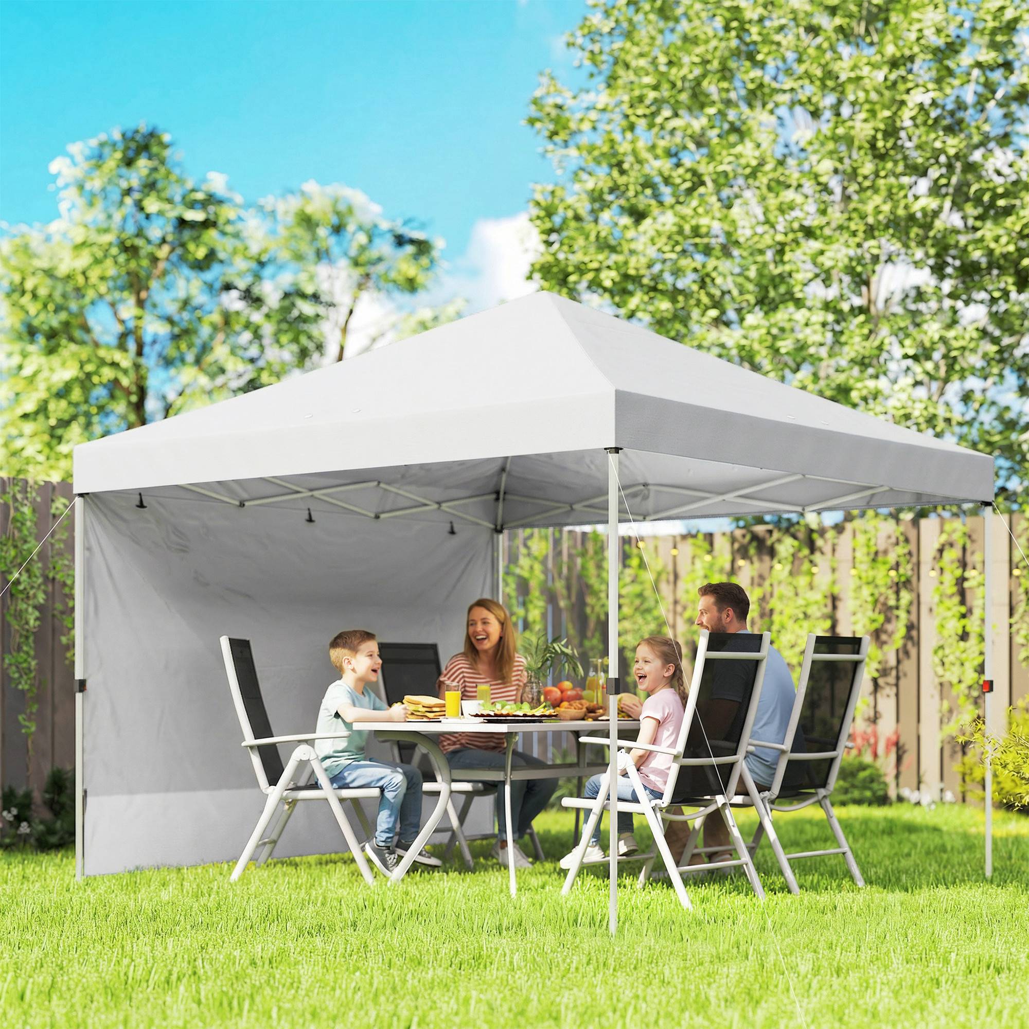 Tente pliante pop-up 3x3m avec paroi latérale, protection UPF50+, hauteur réglable, ouverture centrale, sac de transport, blanche - Image 3