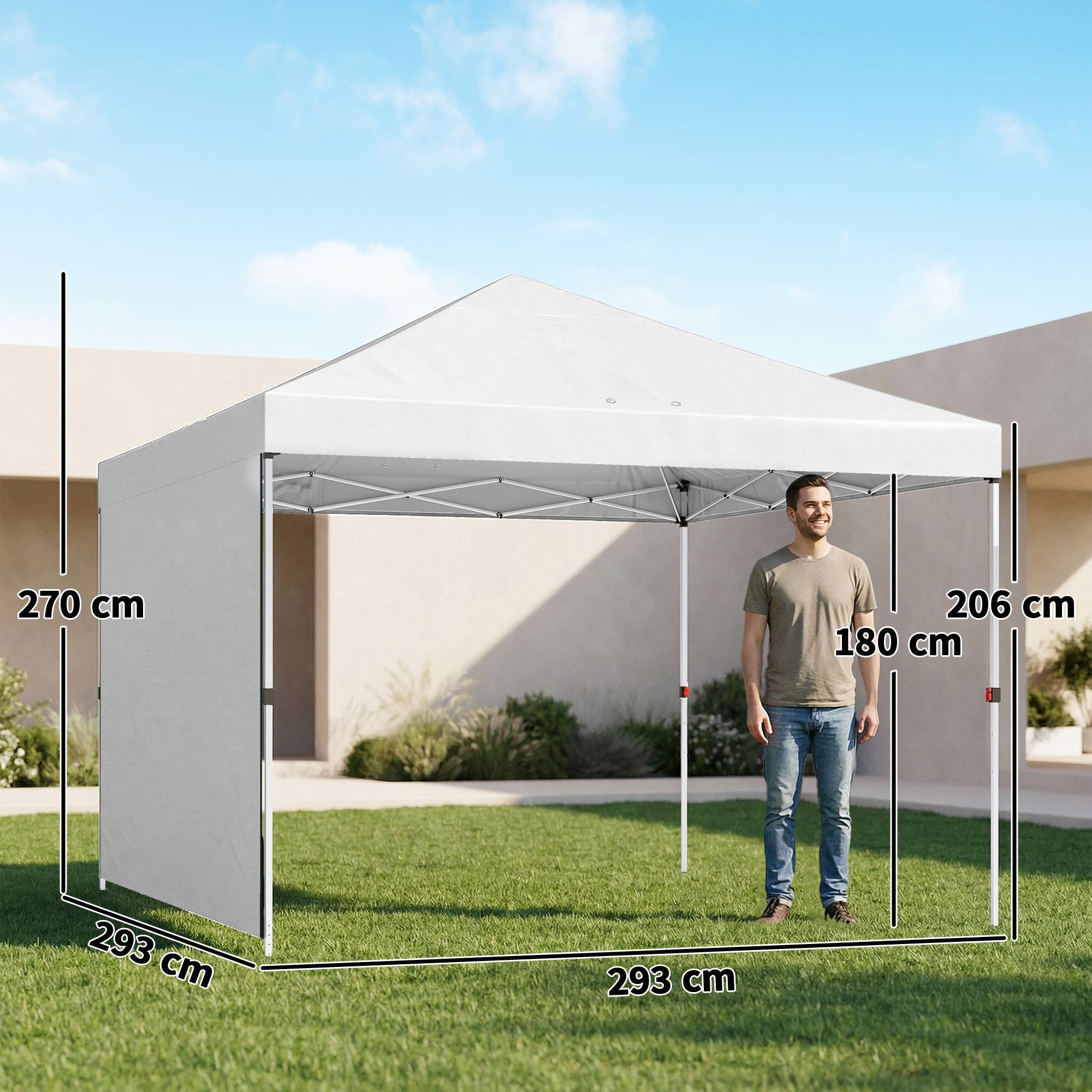 Tente pliante pop-up 3x3m avec paroi latérale, protection UPF50+, hauteur réglable, ouverture centrale, sac de transport, blanche - Image 5