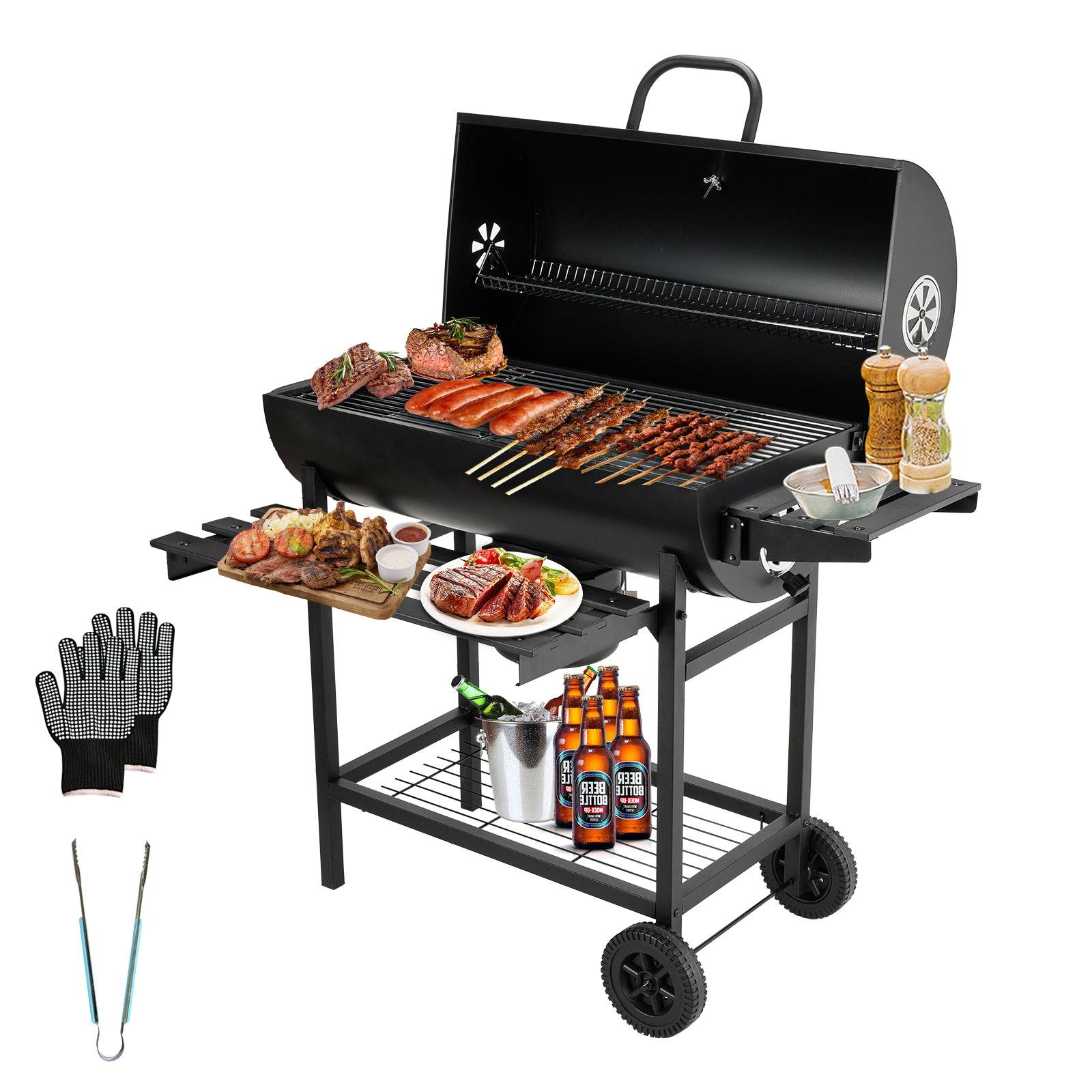 Barbecue au charbon de bois, barbecue au charbon de bois XXL avec couvercle, tiroir à cendres, gants résistants à la chaleur, avec roulettes - Image 1