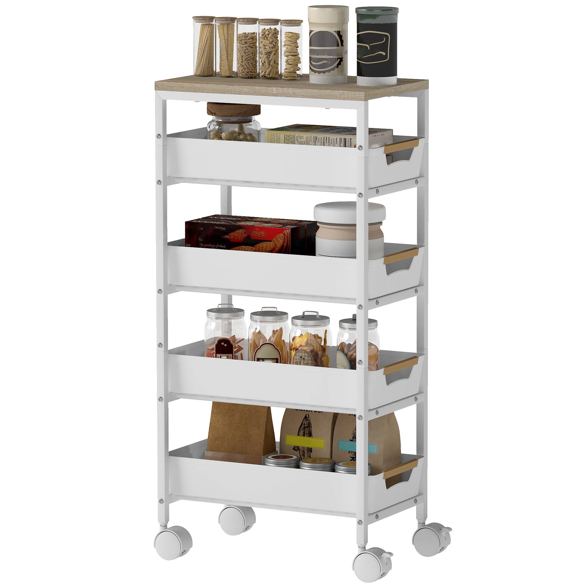 Sans Marque - Chariot cuisine 5 niveaux desserte roulettes plateau imitation bois tiroirs coulissants 39,5x24x82 cm blanc - Image 2
