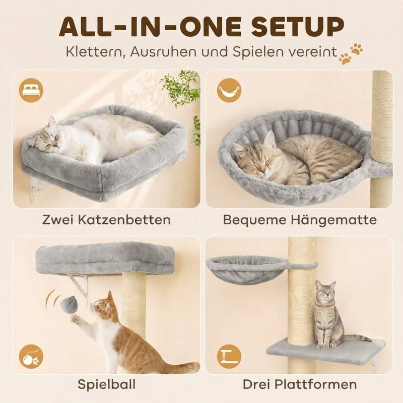 ComfortXL - Mur d’escalade pour chat en sisal et tissu 64 x 29,5 x 178 cm gris clair avec plateformes hamac gain de place - Image 5