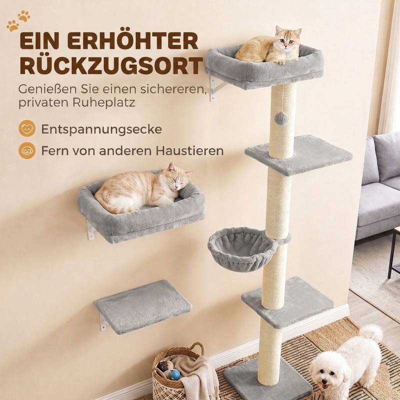 ComfortXL - Mur d’escalade pour chat en sisal et tissu 64 x 29,5 x 178 cm gris clair avec plateformes hamac gain de place - Image 6