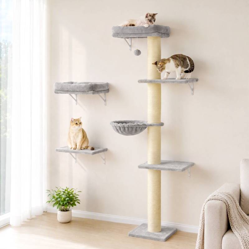 ComfortXL - Mur d’escalade pour chat en sisal et tissu 64 x 29,5 x 178 cm gris clair avec plateformes hamac gain de place - Image 2