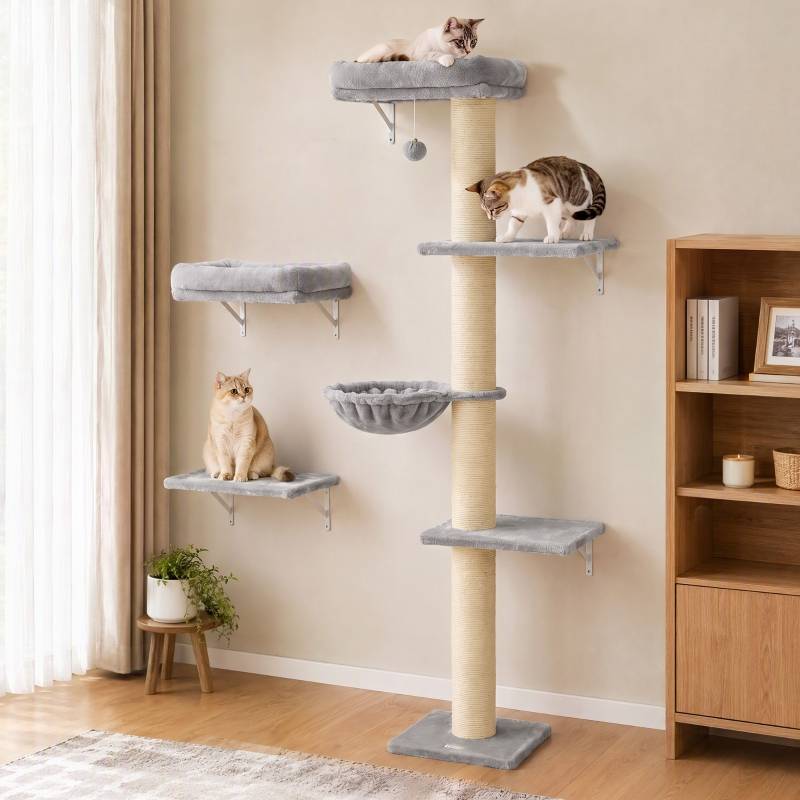 ComfortXL - Mur d’escalade pour chat en sisal et tissu 64 x 29,5 x 178 cm gris clair avec plateformes hamac gain de place - Image 8