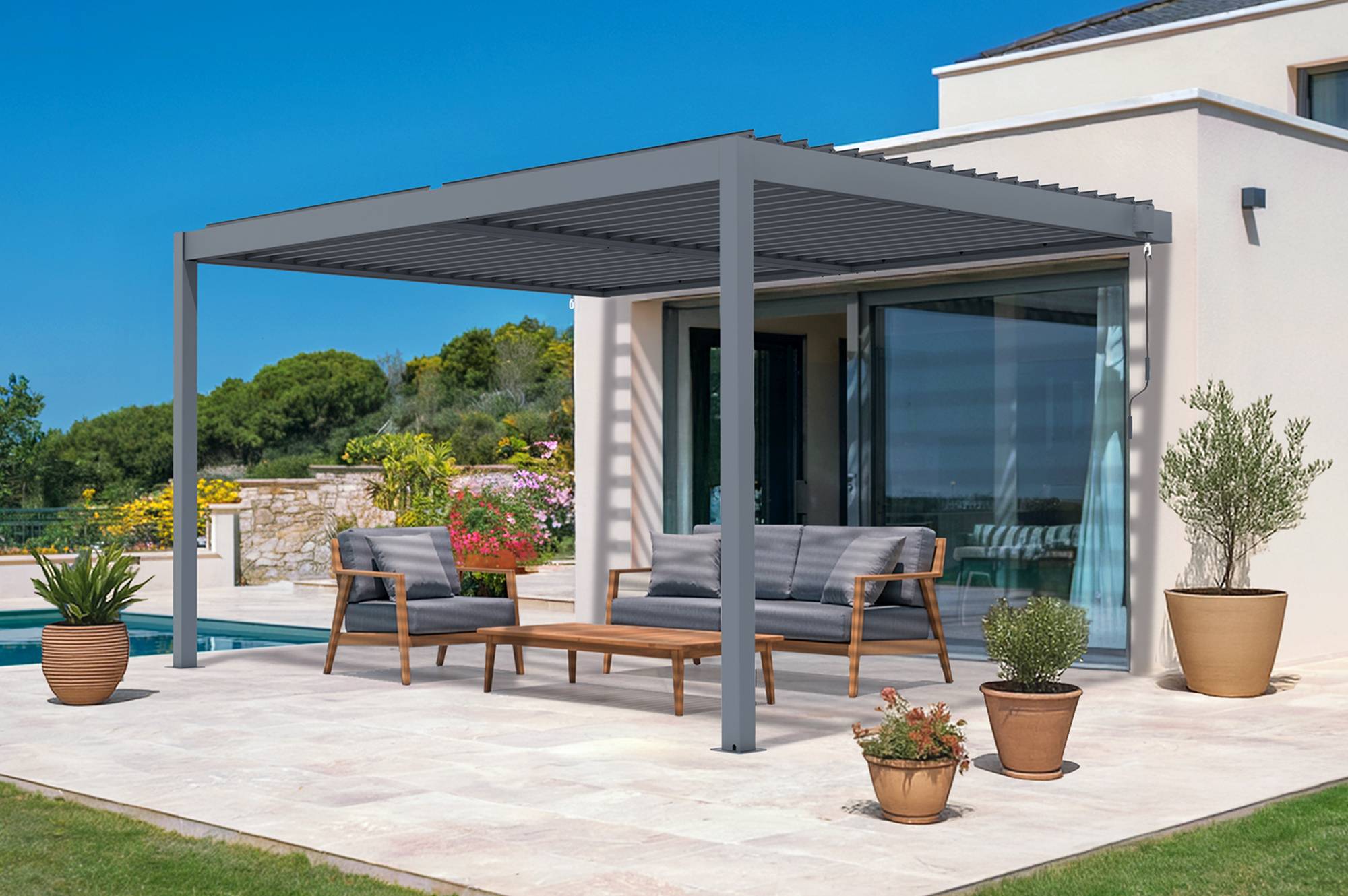 Cazeboo Pergola bioclimatique adossée PIANA 4x3 m aluminium gris - Lames orientables - Image 1
