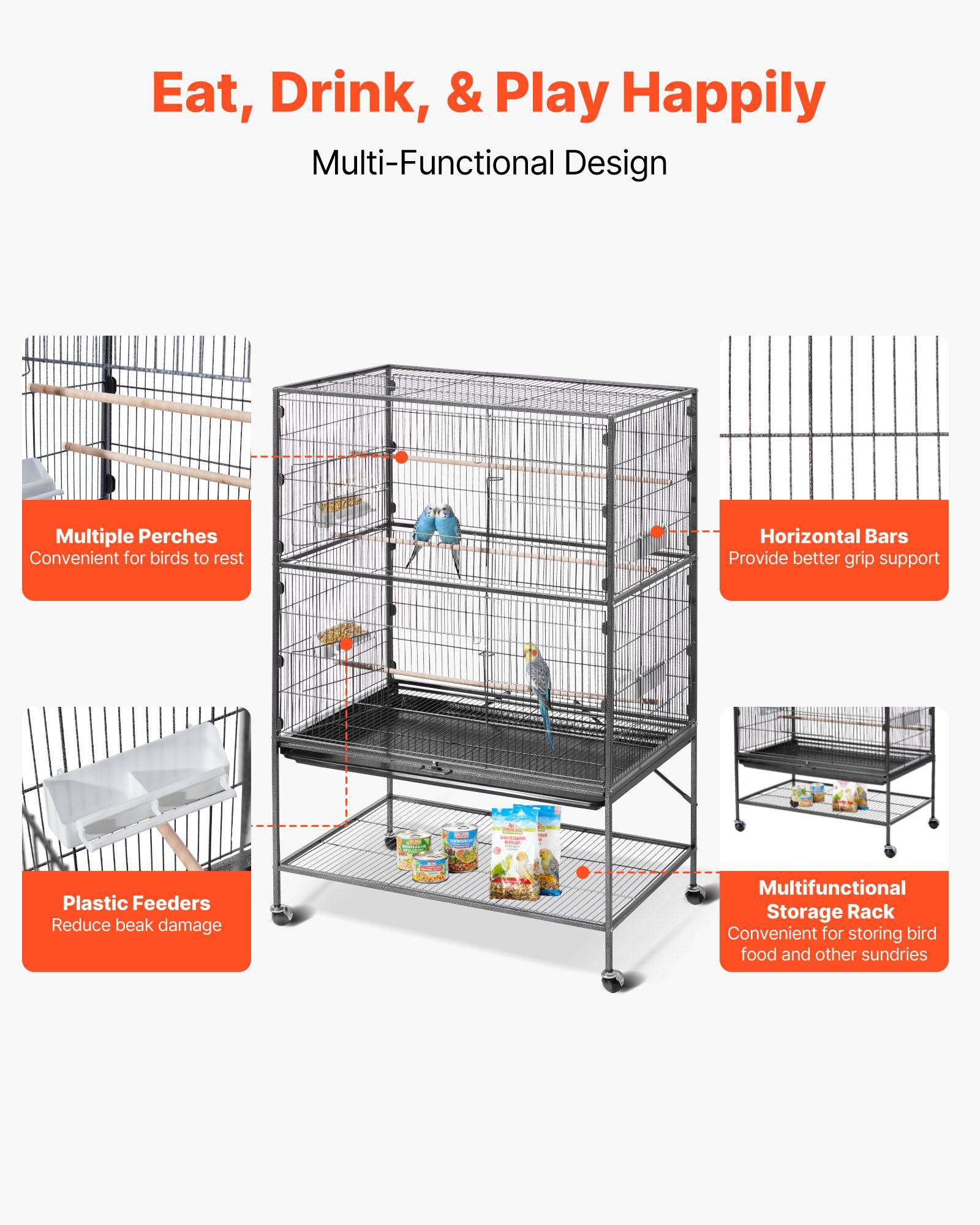 Vevor - VEVOR Cage Oiseau Volière Oiseaux sur Pied sur Roulettes 93x58x151 cm Toit Plat - Image 4