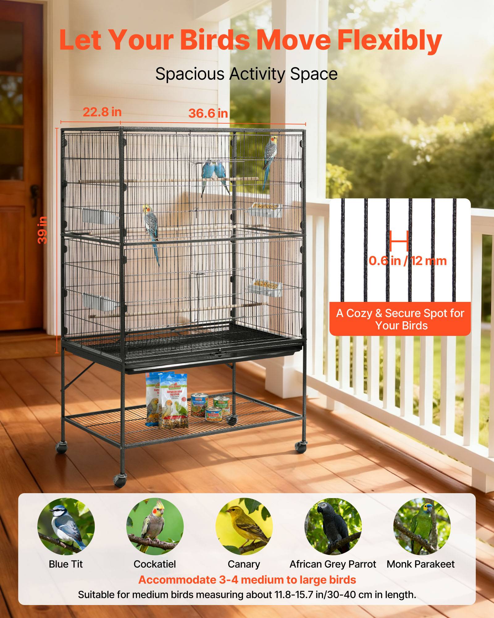 Vevor - VEVOR Cage Oiseau Volière Oiseaux sur Pied sur Roulettes 93x58x151 cm Toit Plat - Image 2