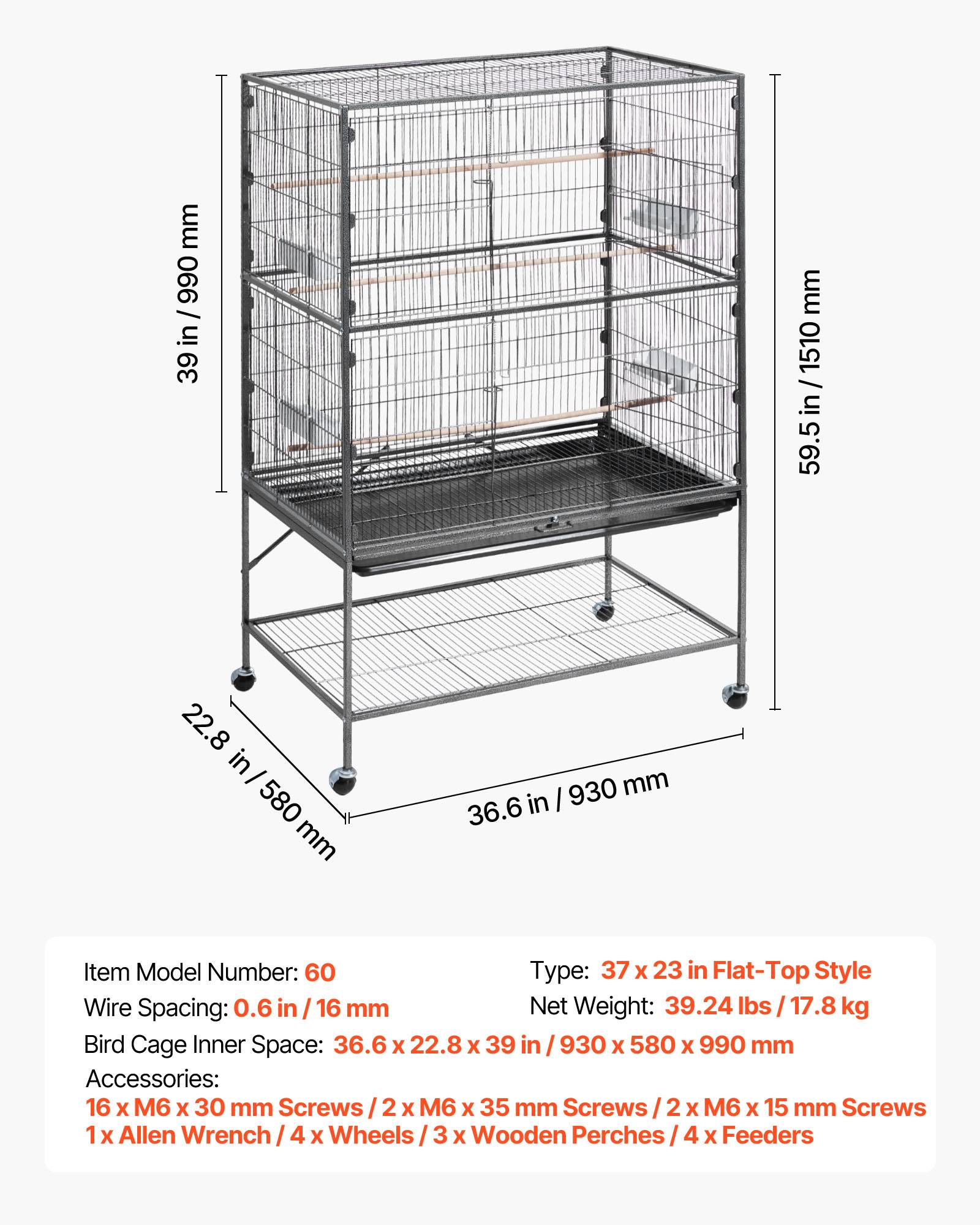 Vevor - VEVOR Cage Oiseau Volière Oiseaux sur Pied sur Roulettes 93x58x151 cm Toit Plat - Image 7