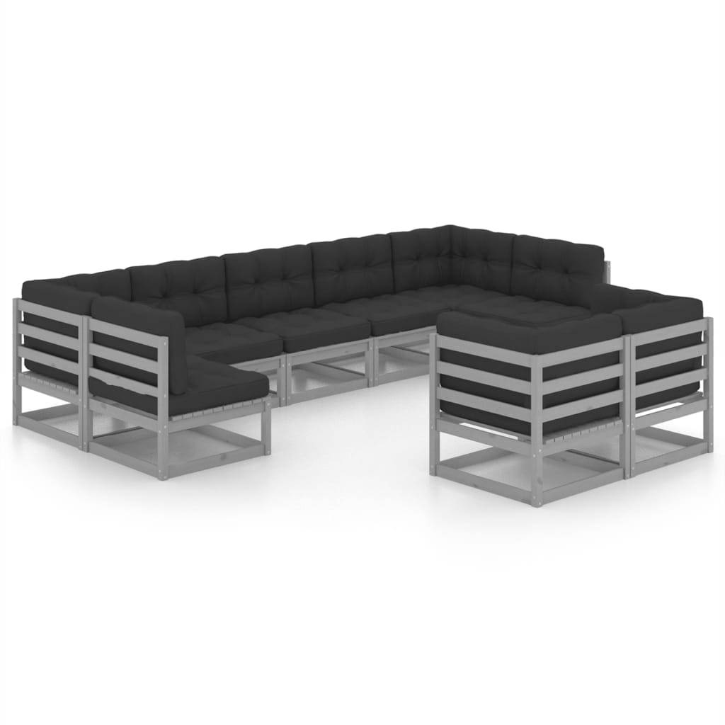 Helloshop26 - Salon de jardin meuble d'extérieur ensemble de mobilier 9 pièces avec coussins gris bois de pin massif - Image 1
