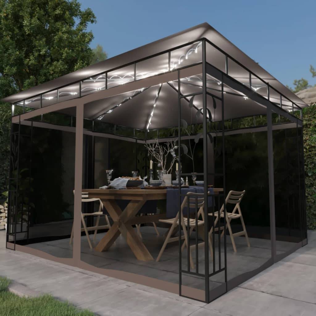 Pavillon de Jardin en Acier avec Parois Moustiquaires et Guirlande LED Solaire Taupe 3x3 m – ComfortXL Outdoor Living - Image 1