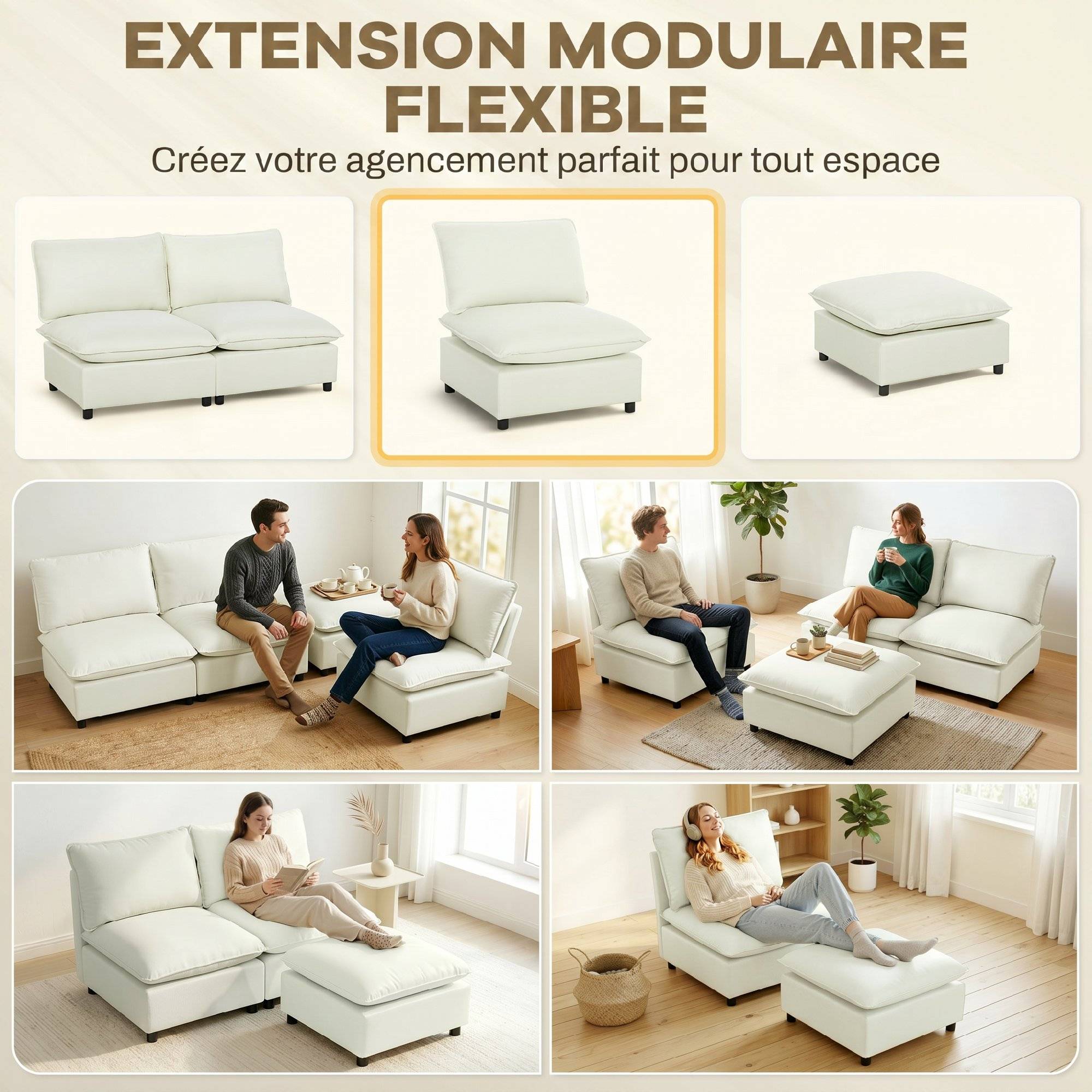 Fauteuil de salon, canapé 1 place moderne sans accoudoirs avec assise large, coussins épais, 146x85x78cm, crème - Image 6