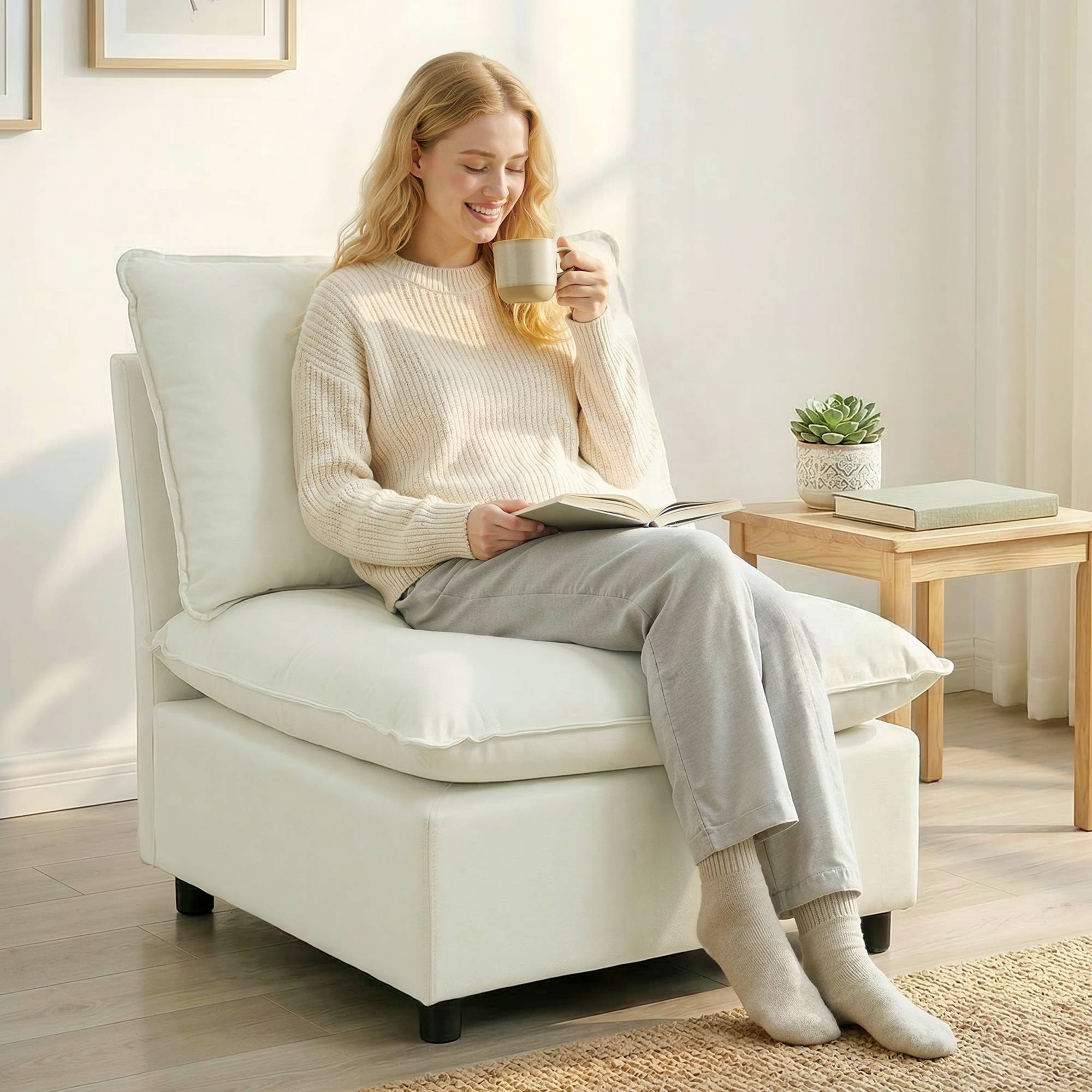 Fauteuil de salon, canapé 1 place moderne sans accoudoirs avec assise large, coussins épais, 146x85x78cm, crème - Image 3
