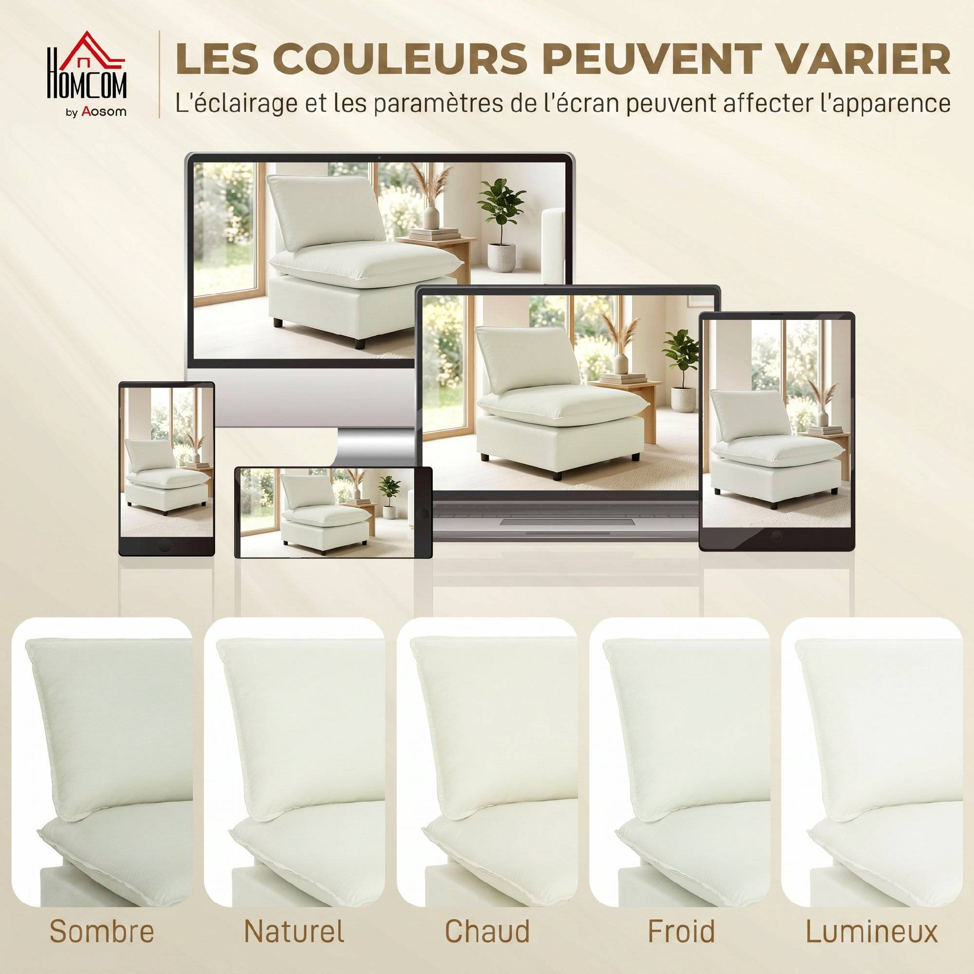 Fauteuil de salon, canapé 1 place moderne sans accoudoirs avec assise large, coussins épais, 146x85x78cm, crème - Image 9