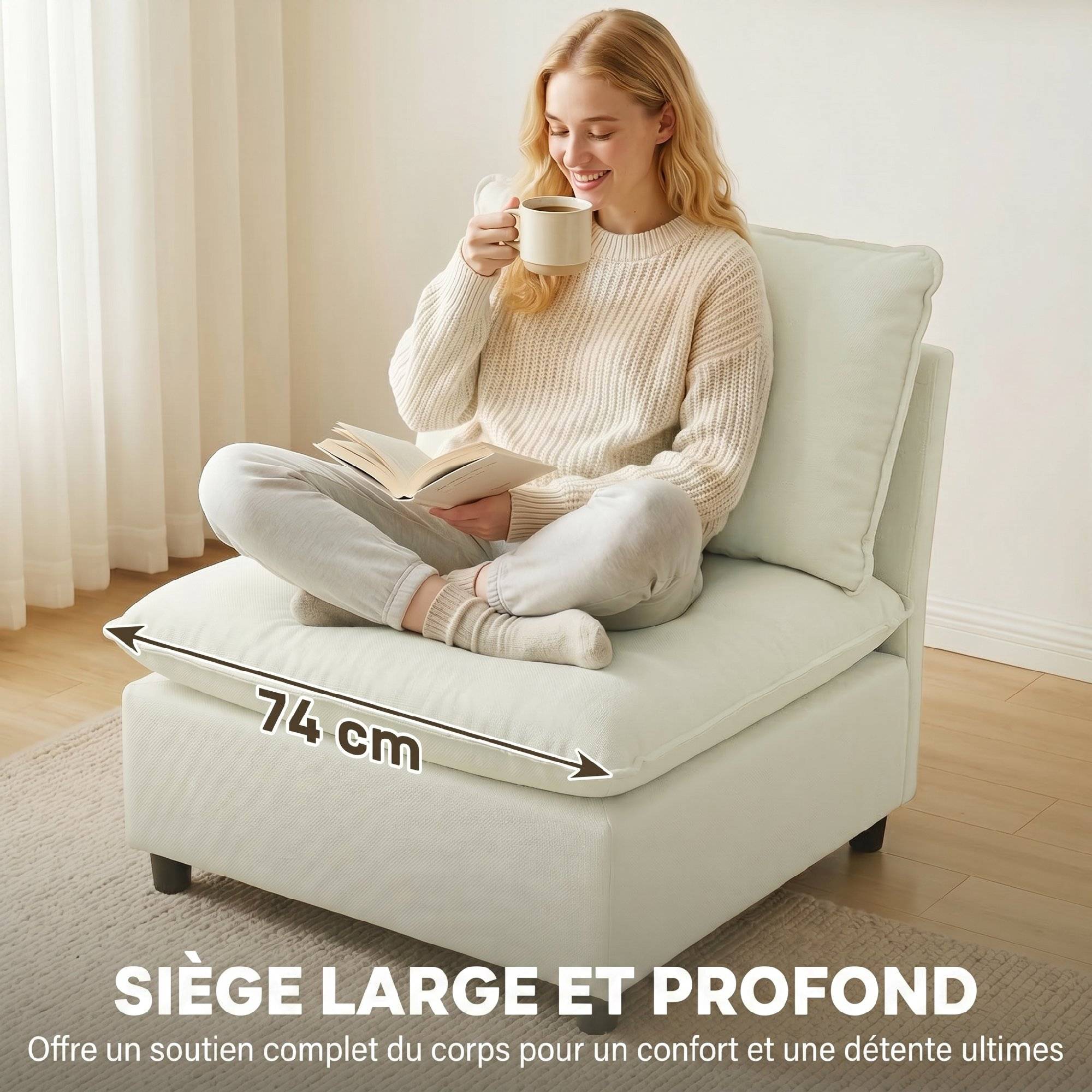 Fauteuil de salon, canapé 1 place moderne sans accoudoirs avec assise large, coussins épais, 146x85x78cm, crème - Image 7