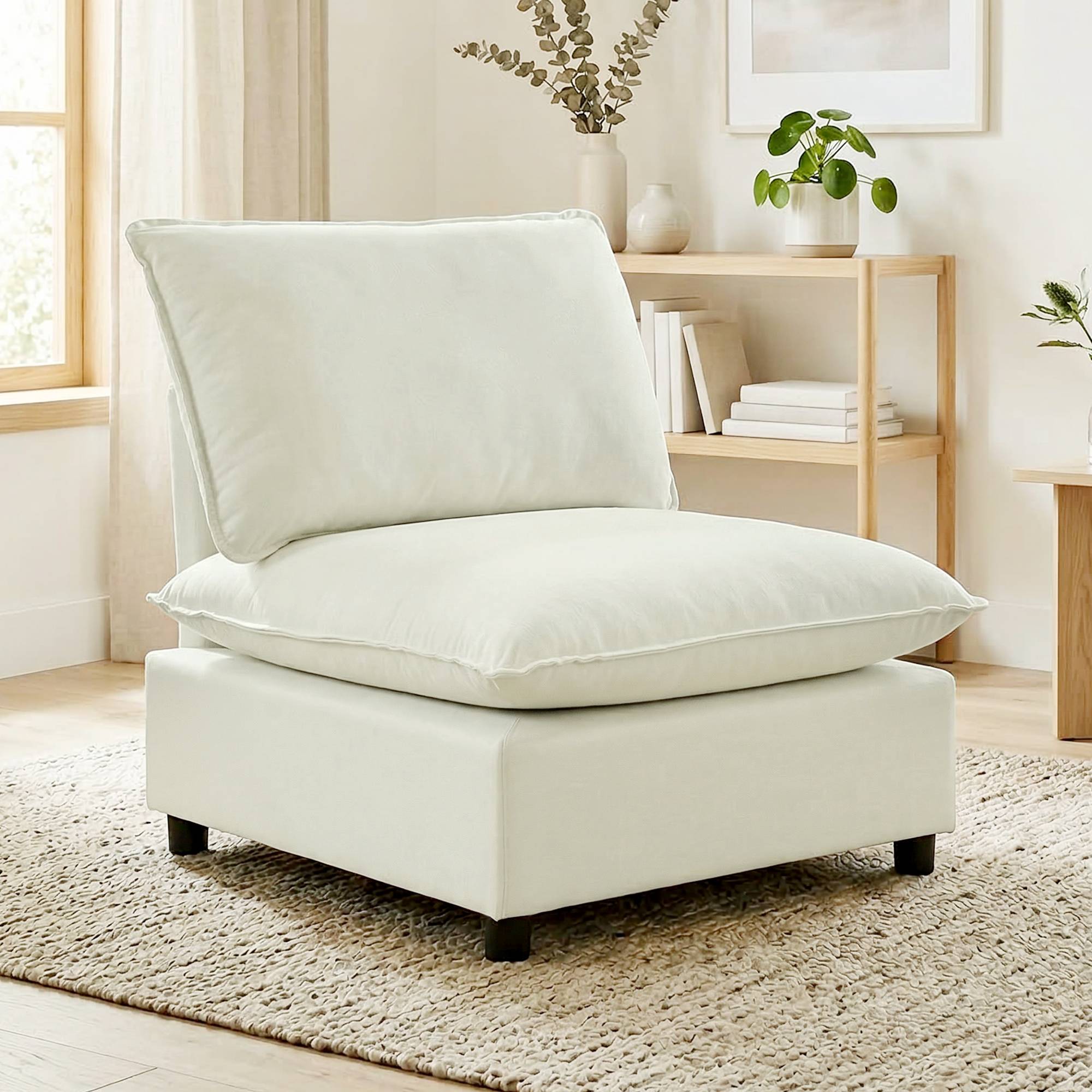 Fauteuil de salon, canapé 1 place moderne sans accoudoirs avec assise large, coussins épais, 146x85x78cm, crème - Image 4