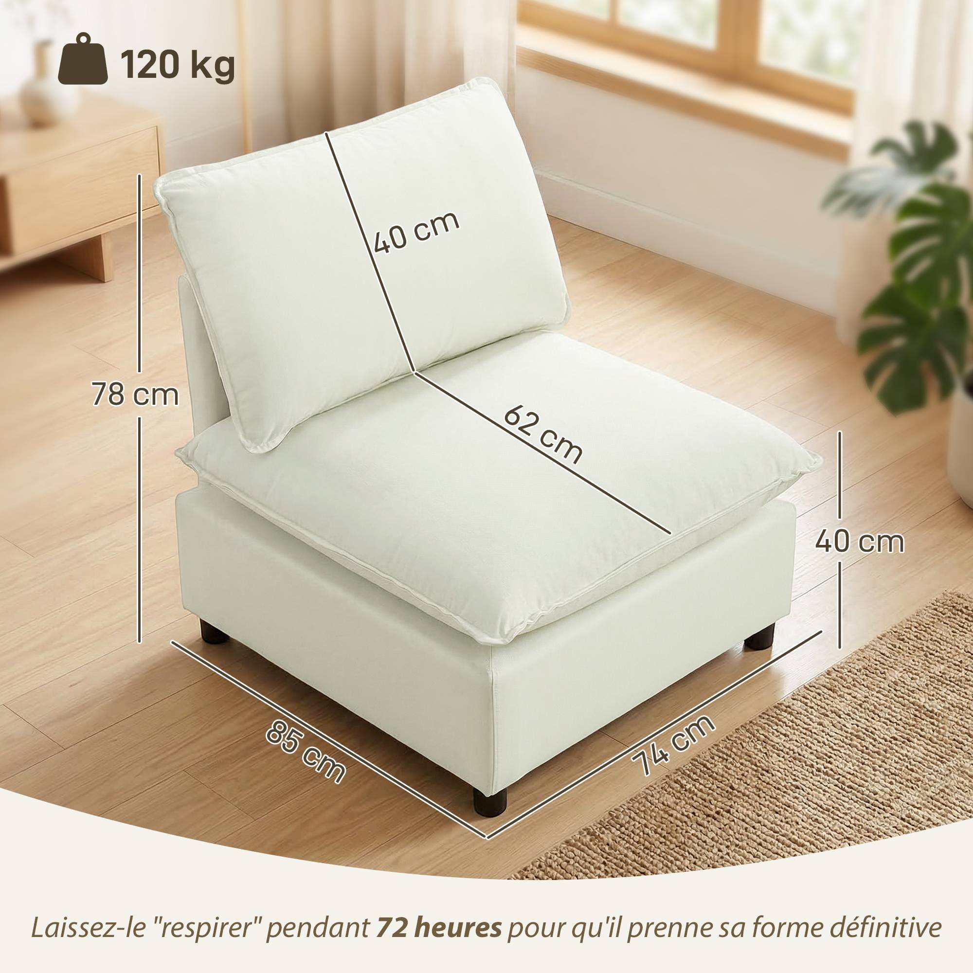 Fauteuil de salon, canapé 1 place moderne sans accoudoirs avec assise large, coussins épais, 146x85x78cm, crème - Image 5