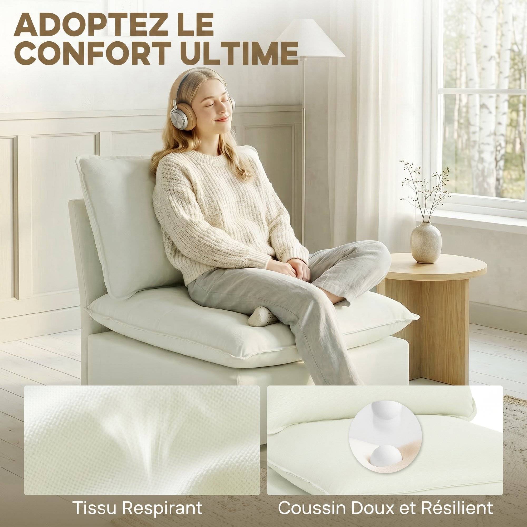 Fauteuil de salon, canapé 1 place moderne sans accoudoirs avec assise large, coussins épais, 146x85x78cm, crème - Image 8