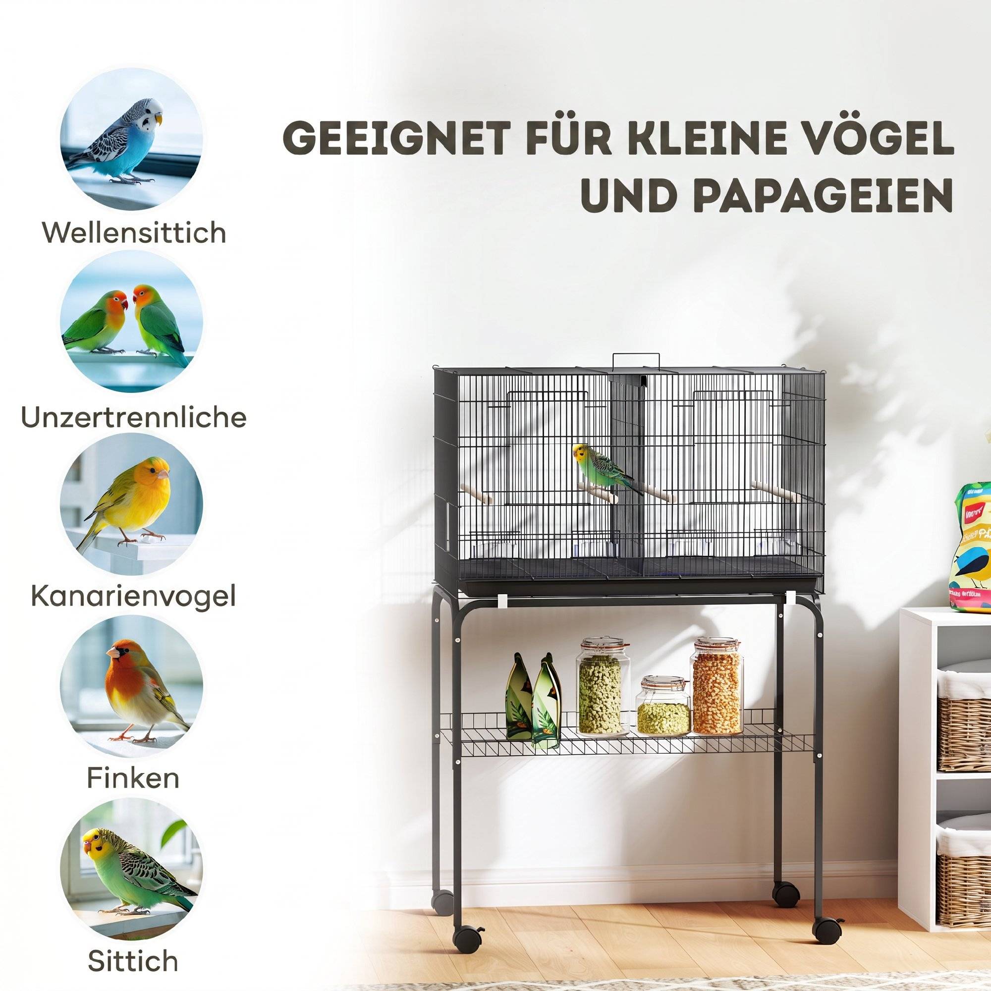 ComfortXL - Grande cage à oiseaux acier 76 x 46 x 116 cm noire sur roulettes pour perruches avec séparation et rangement - Image 9