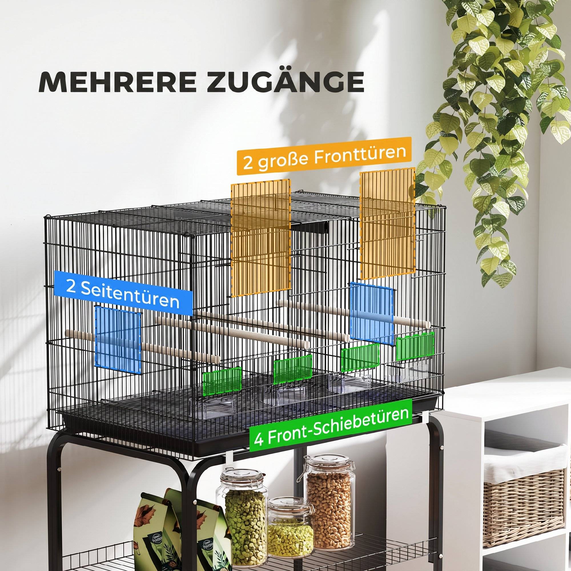 ComfortXL - Grande cage à oiseaux acier 76 x 46 x 116 cm noire sur roulettes pour perruches avec séparation et rangement - Image 6