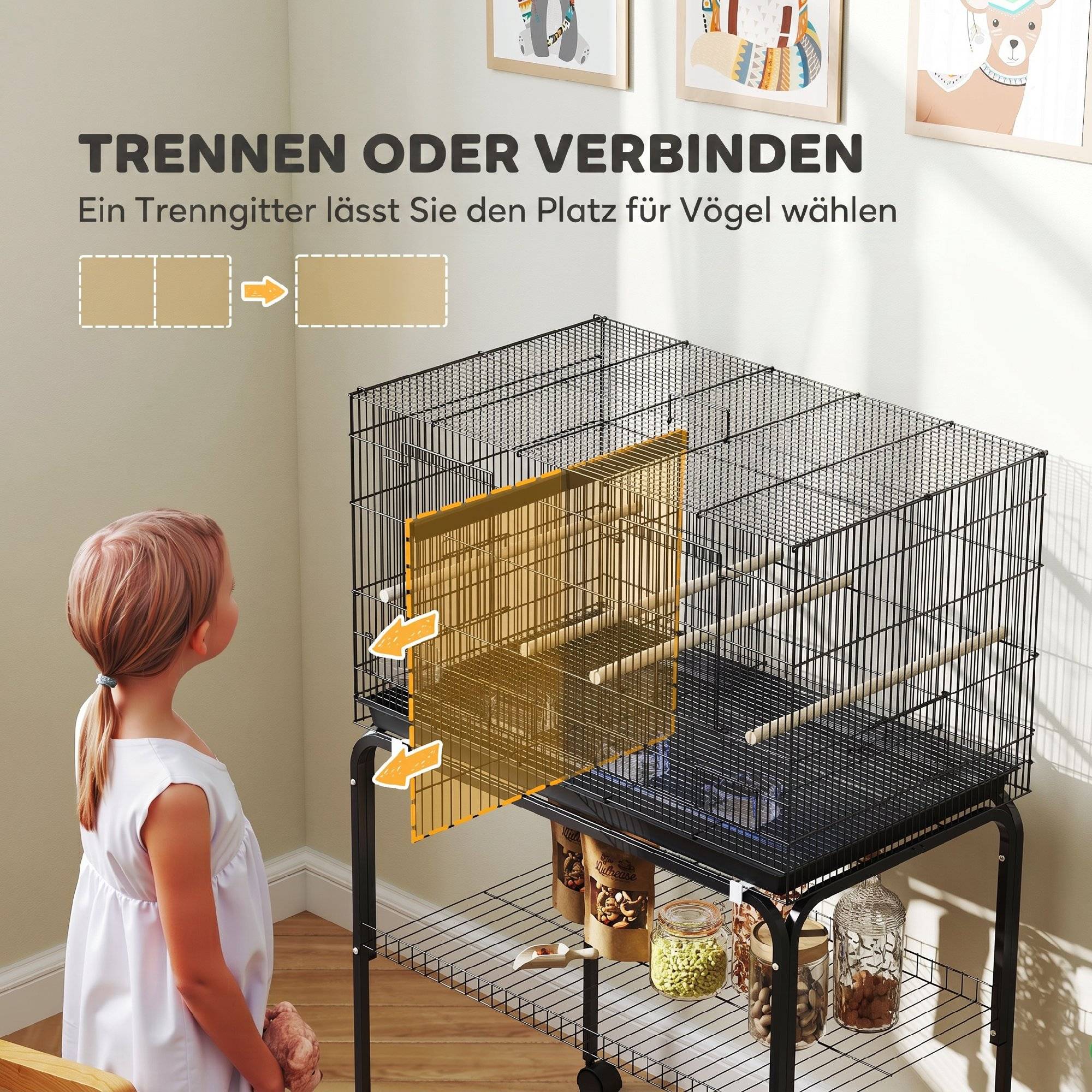 ComfortXL - Grande cage à oiseaux acier 76 x 46 x 116 cm noire sur roulettes pour perruches avec séparation et rangement - Image 4