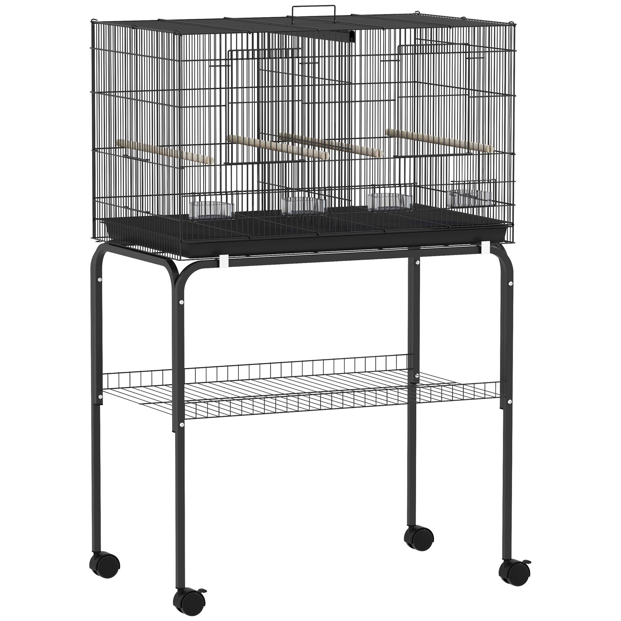 ComfortXL - Grande cage à oiseaux acier 76 x 46 x 116 cm noire sur roulettes pour perruches avec séparation et rangement - Image 10