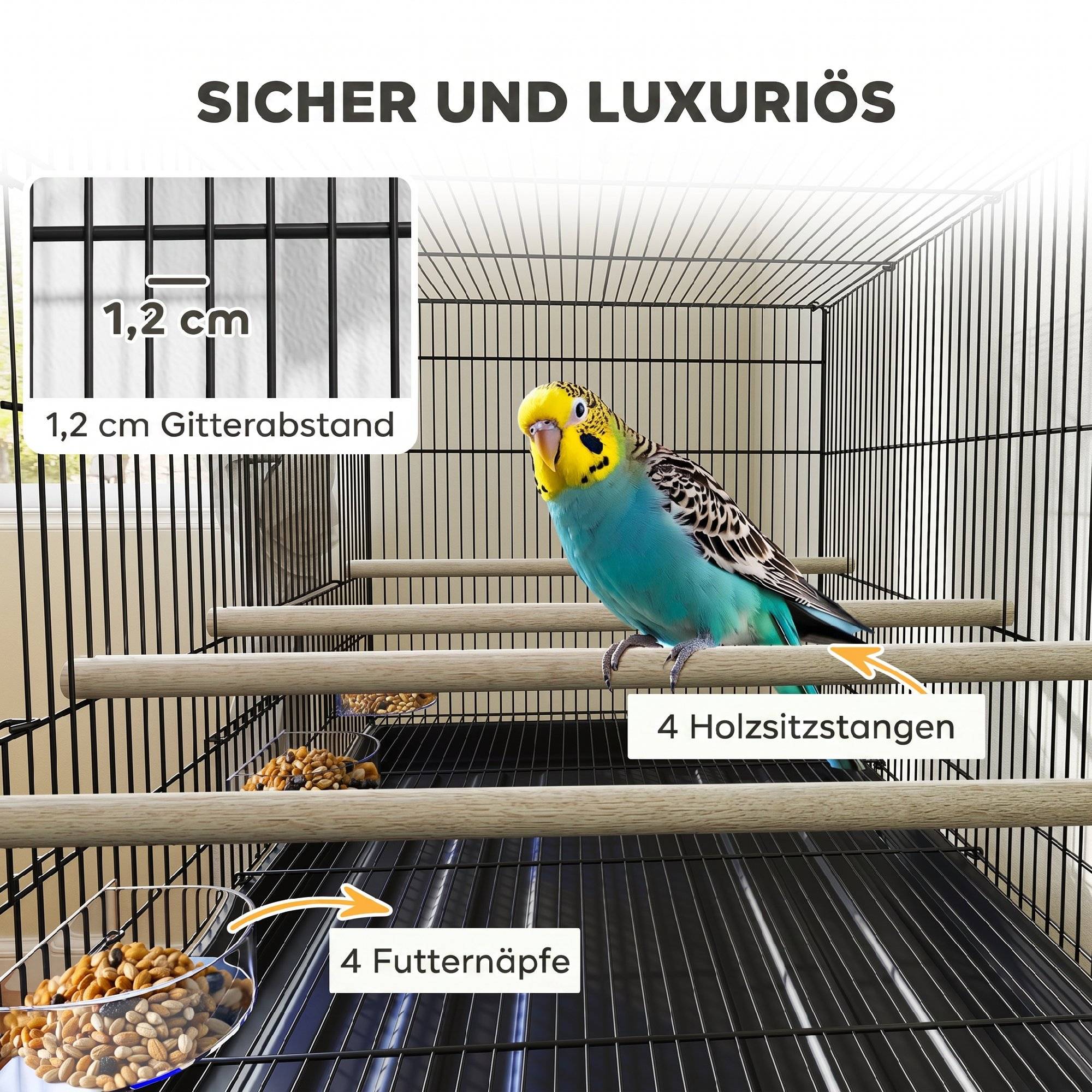 ComfortXL - Grande cage à oiseaux acier 76 x 46 x 116 cm noire sur roulettes pour perruches avec séparation et rangement - Image 5
