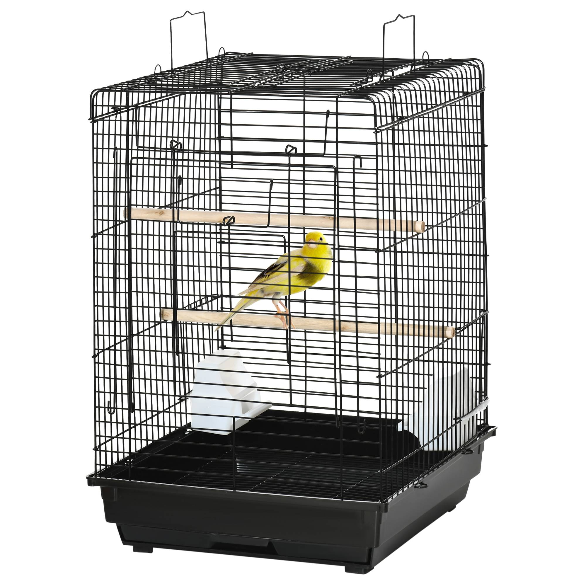 Cage à oiseaux 40x40x59 cm avec toit à charnières, 2 perchoirs, 2 mangeoires et plateau amovible, noire - Image 2