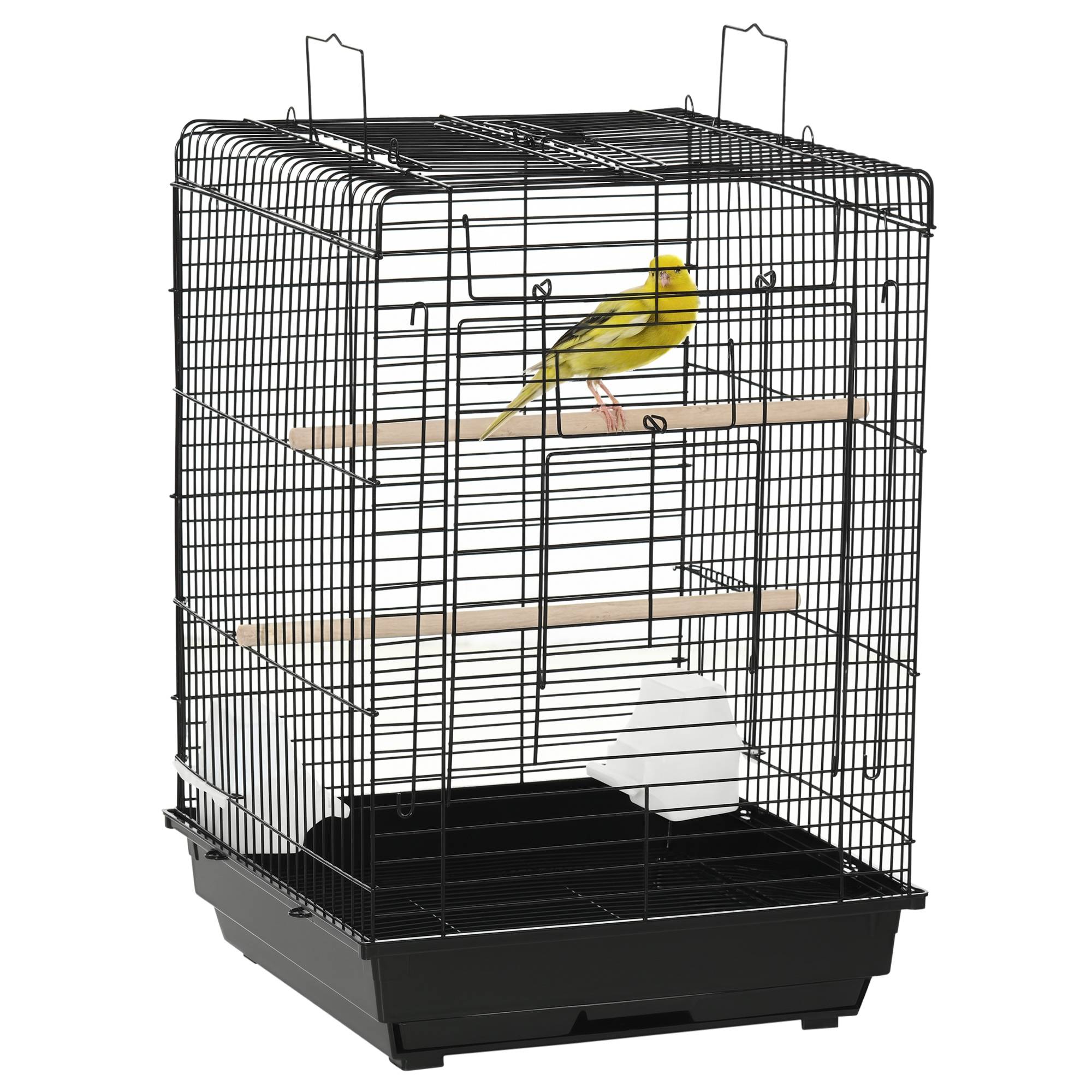 Cage à oiseaux 40x40x59 cm avec toit à charnières, 2 perchoirs, 2 mangeoires et plateau amovible, noire - Image 1