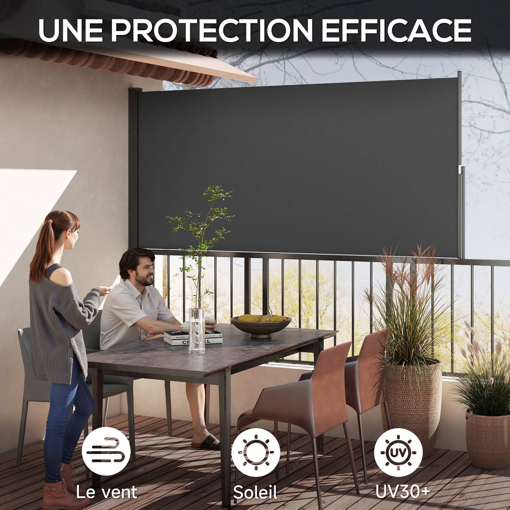 Store latéral brise-vue paravent rétractable 3 x 1,4 m alu. polyester anti-UV haute densité 180 g/m² gris foncé - Image 6