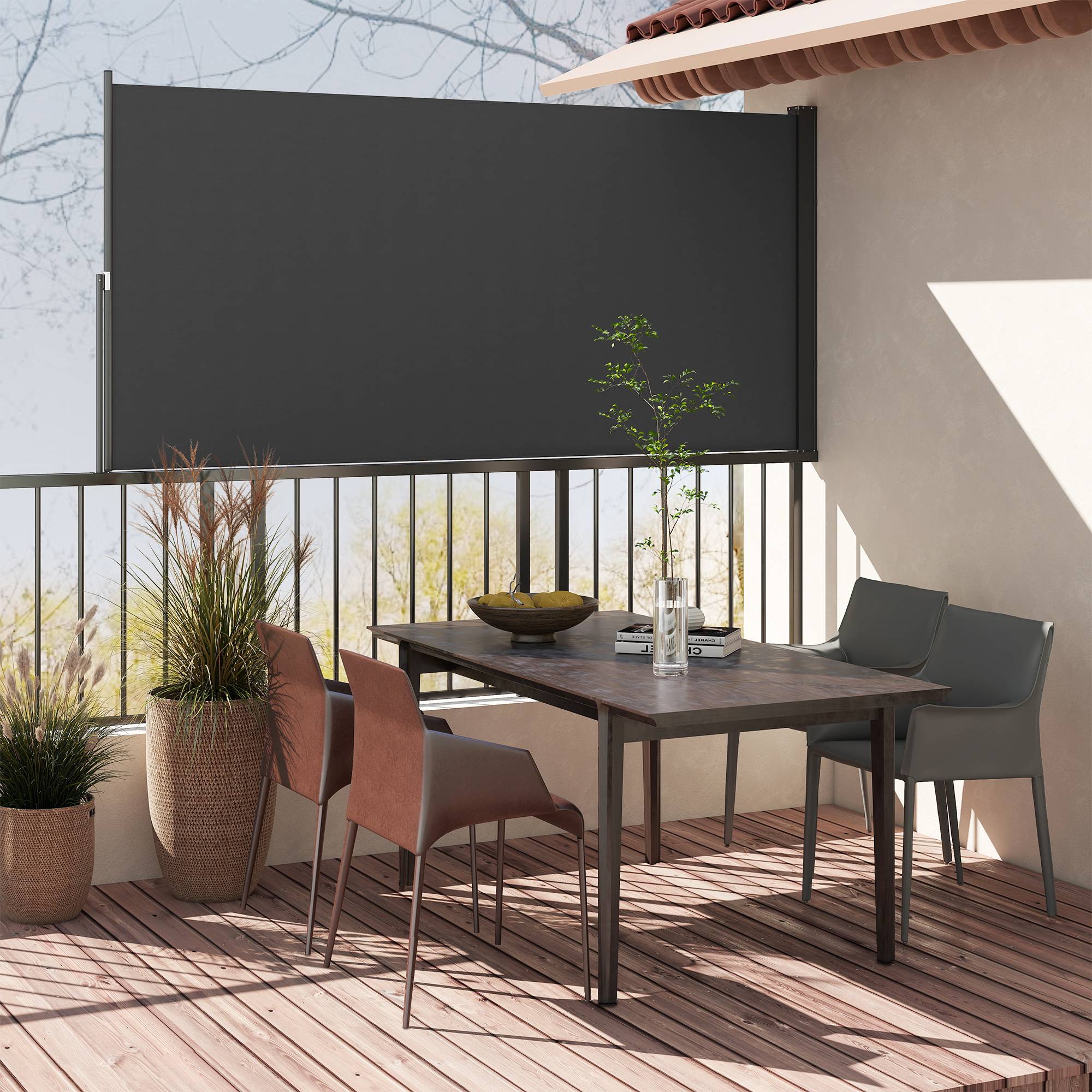 Store latéral brise-vue paravent rétractable 3 x 1,4 m alu. polyester anti-UV haute densité 180 g/m² gris foncé - Image 9