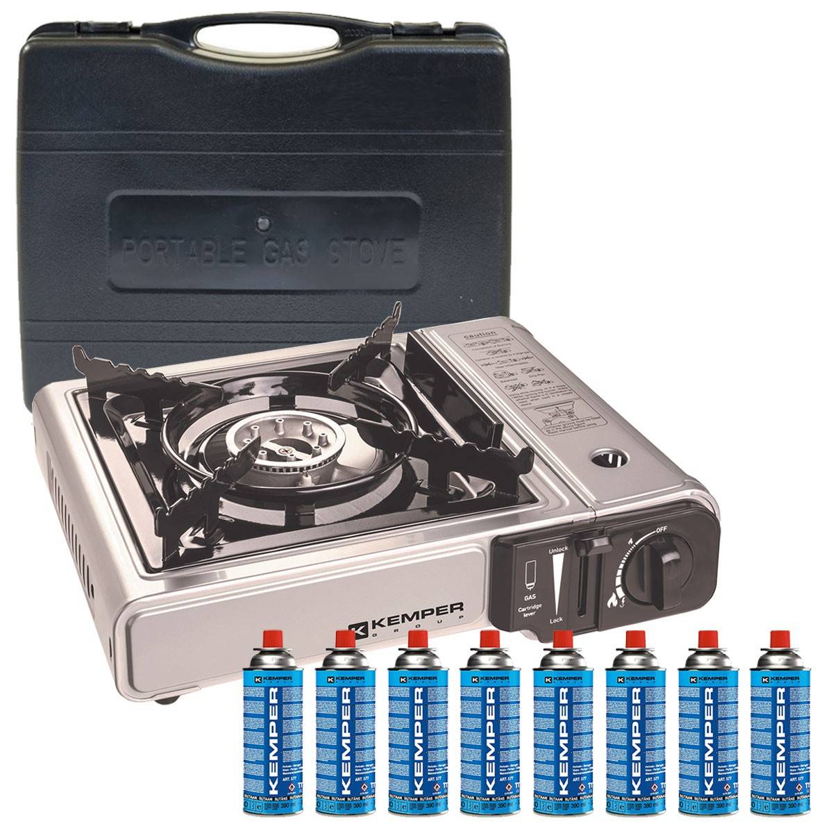 Réchaud à gaz 2200W + 8 cartouches de gaz Détendeur de pression Double système de sécurité. Puissance réglable KEMPER - Image 2